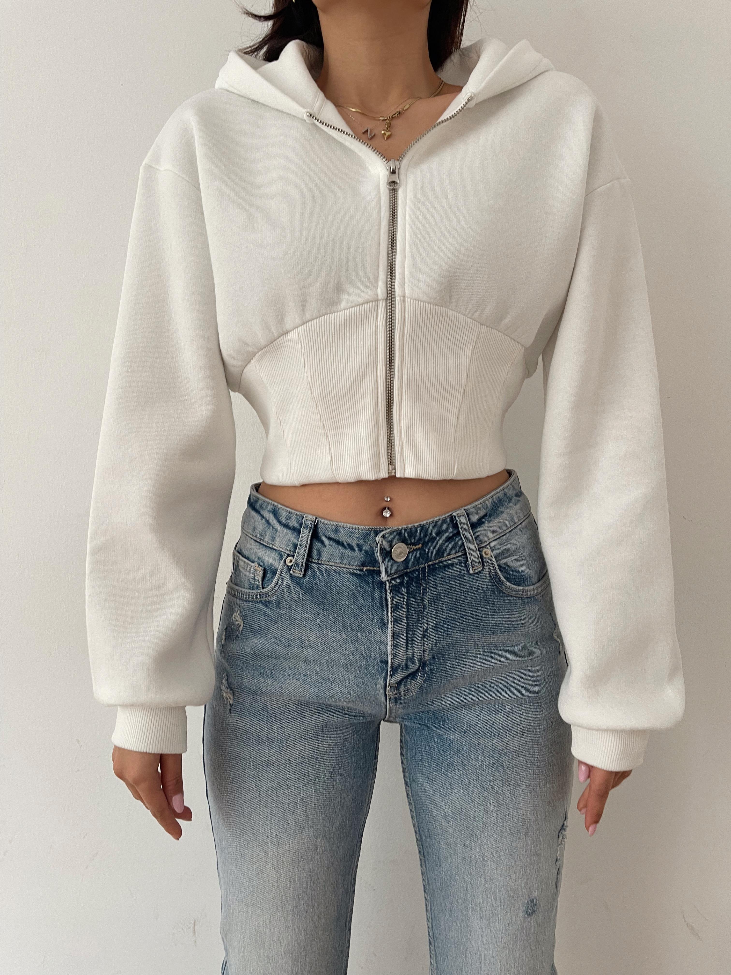 Kapüşonlu Crop Sweatshirt BEYAZ