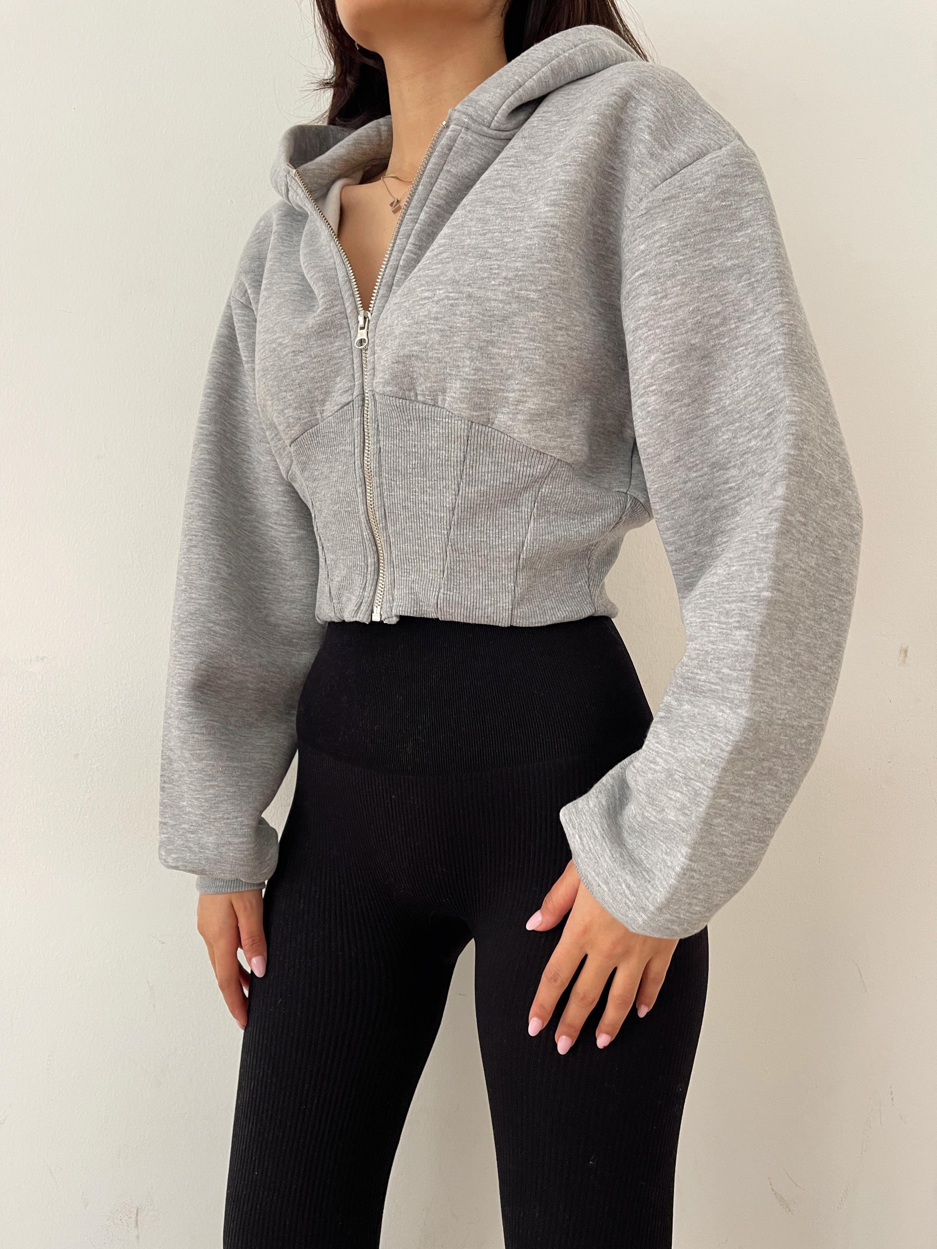 Kapüşonlu Crop Sweatshirt GRİ