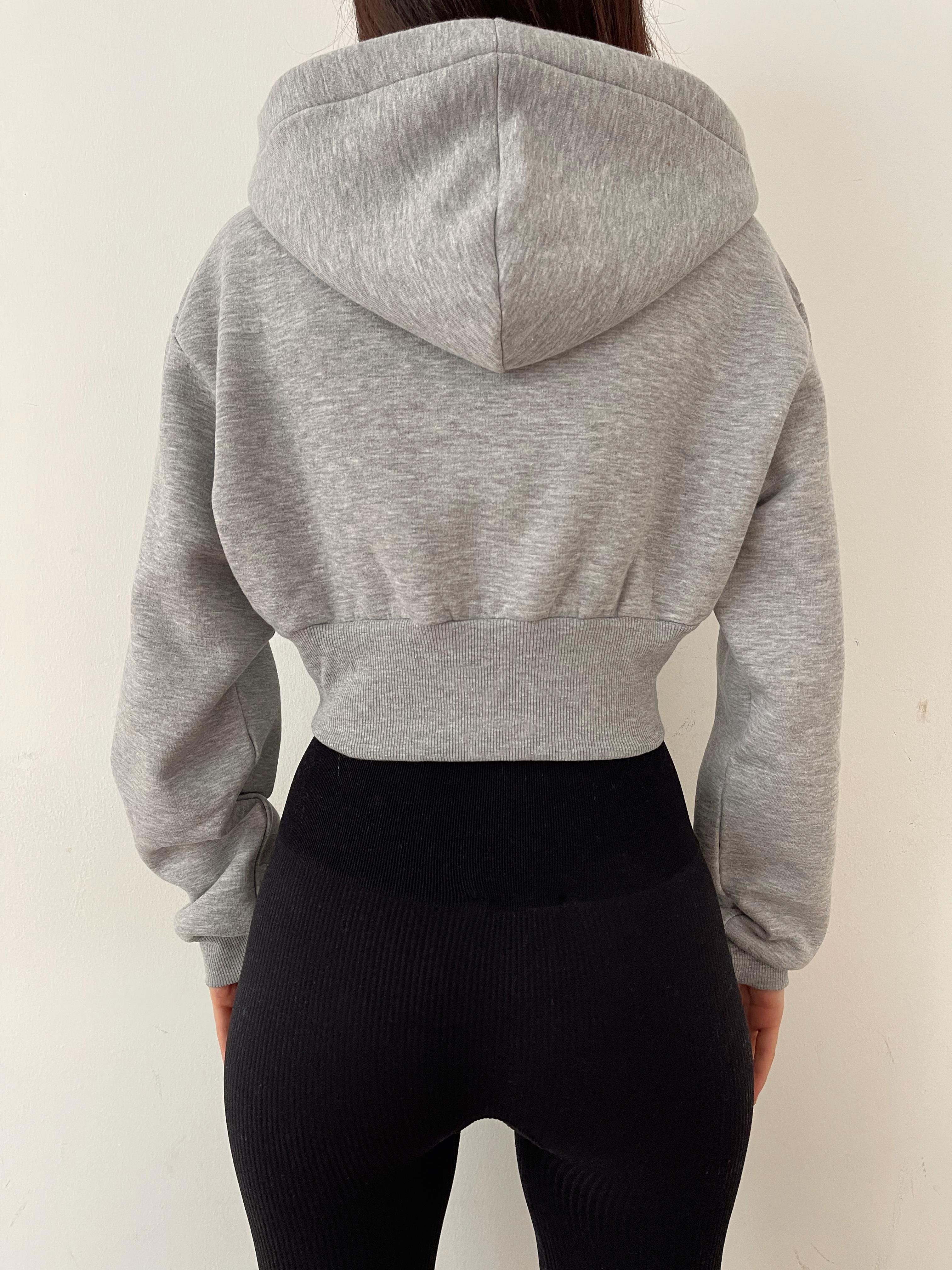 Kapüşonlu Crop Sweatshirt GRİ