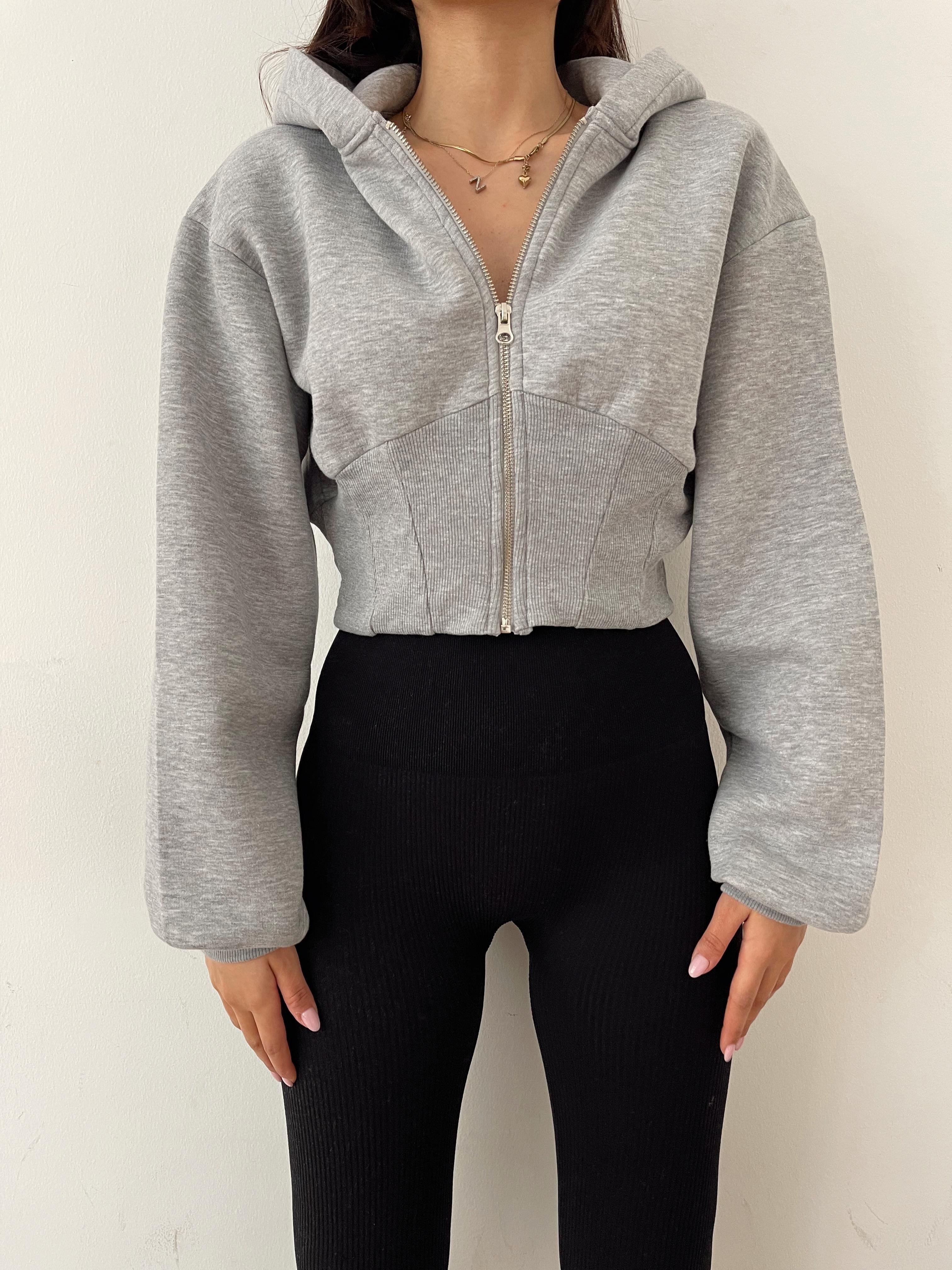 Kapüşonlu Crop Sweatshirt GRİ