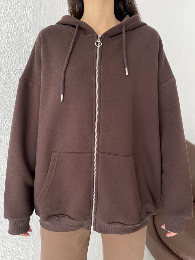 Kapüşonlu Fermuarlı 3 İplik Sweatshirt KAHVE