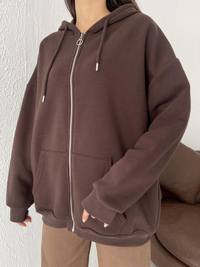 Kapüşonlu Fermuarlı 3 İplik Sweatshirt KAHVE