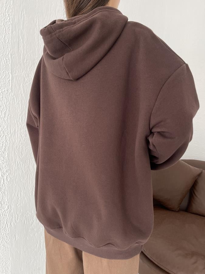 Kapüşonlu Fermuarlı 3 İplik Sweatshirt KAHVE