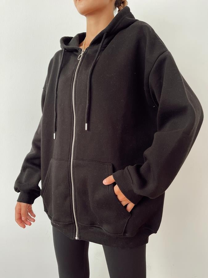 Kapüşonlu Fermuarlı 3 İplik Sweatshirt SİYAH