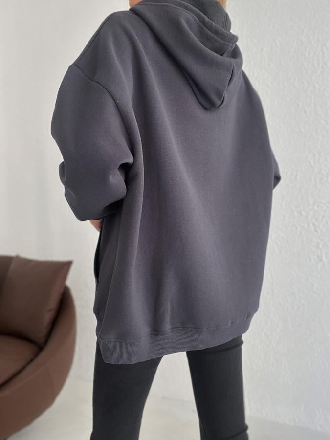Kapüşonlu Fermuarlı 3 İplik Sweatshirt ANTRASİT