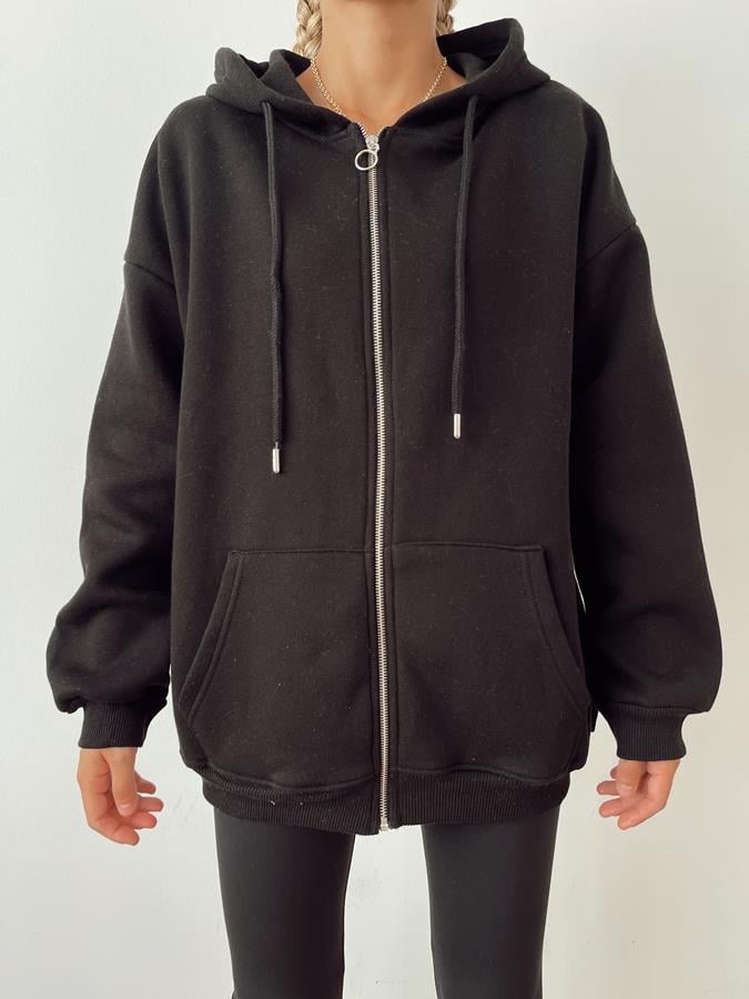 Kapüşonlu Fermuarlı 3 İplik Sweatshirt SİYAH