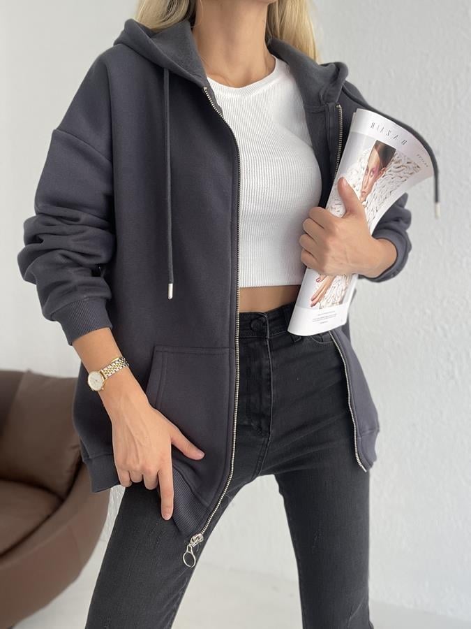 Kapüşonlu Fermuarlı 3 İplik Sweatshirt ANTRASİT