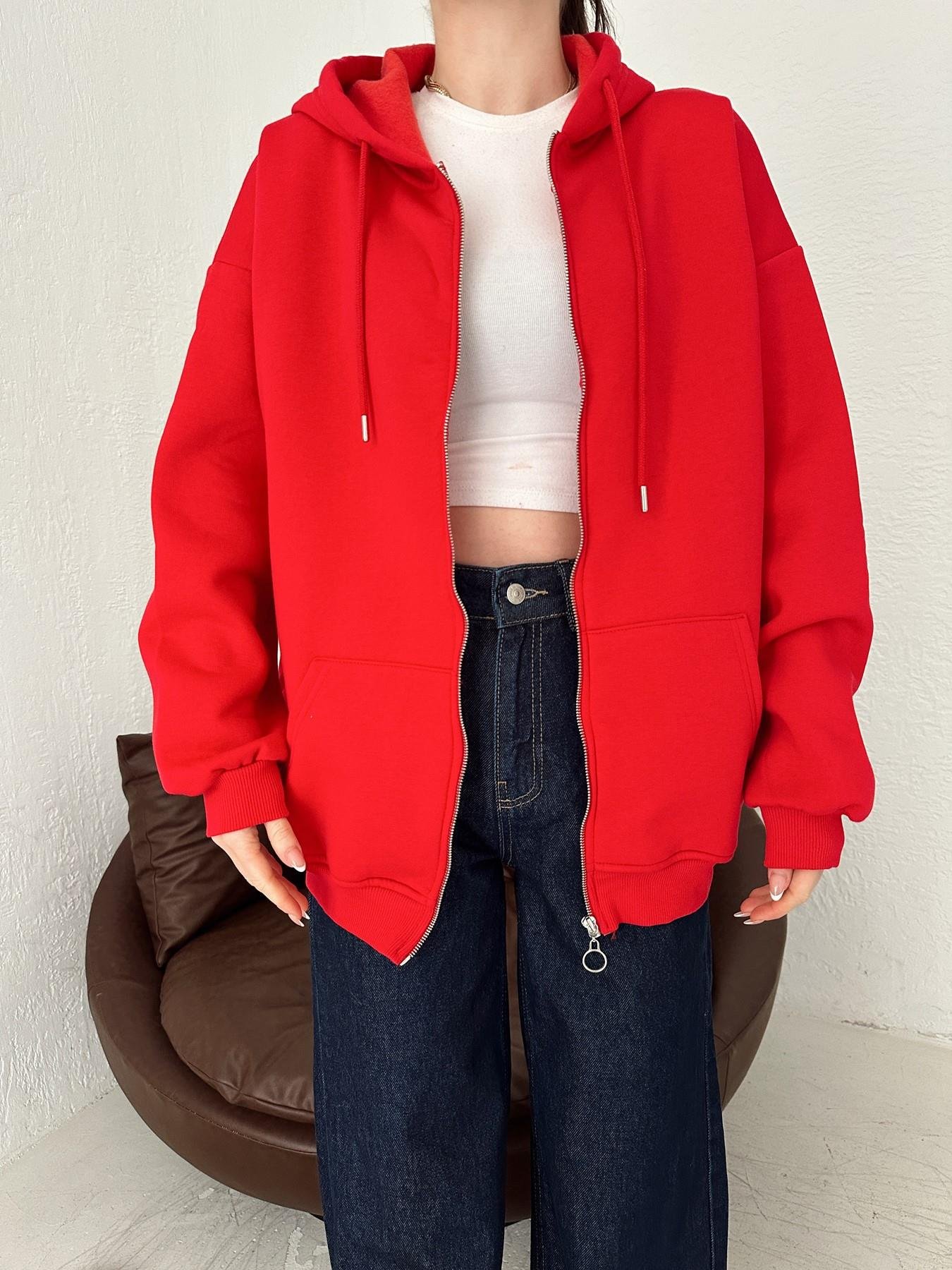 Kapüşonlu Fermuarlı 3 İplik Sweatshirt KIRMIZI
