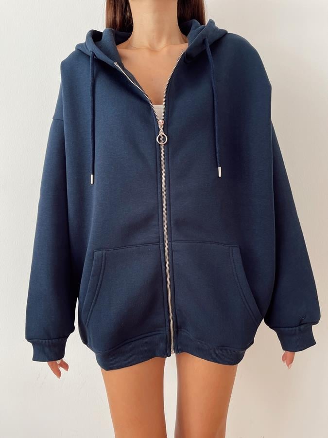 Kapüşonlu Fermuarlı 3 İplik Sweatshirt LACİVERT