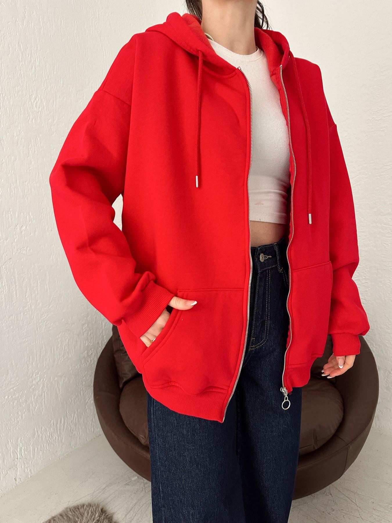 Kapüşonlu Fermuarlı 3 İplik Sweatshirt KIRMIZI