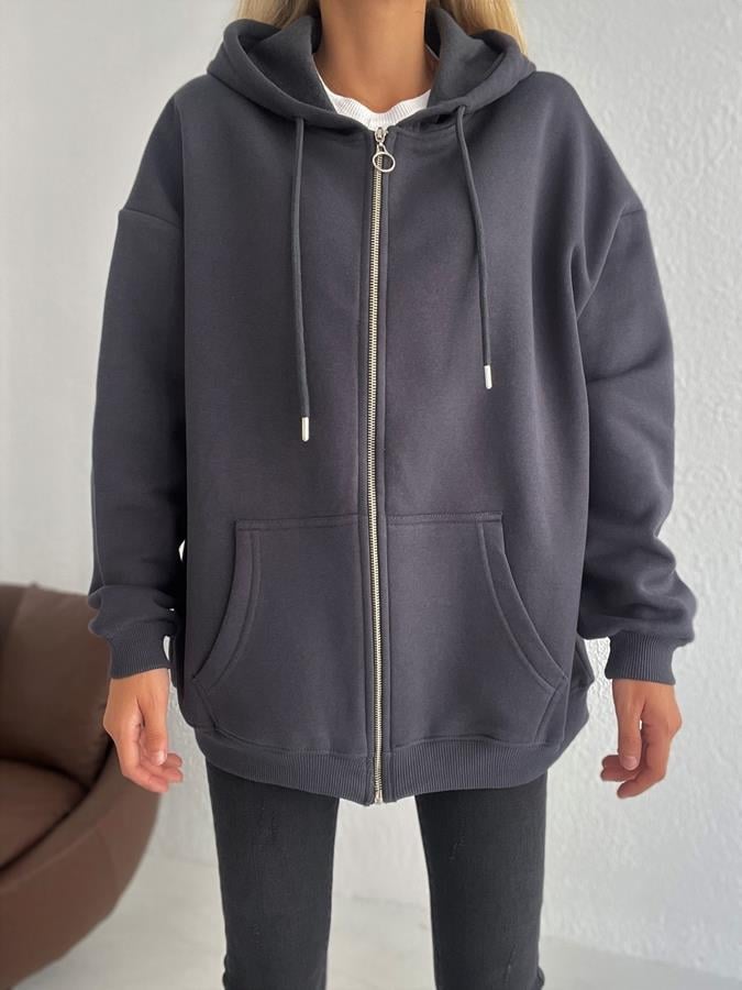 Kapüşonlu Fermuarlı 3 İplik Sweatshirt ANTRASİT