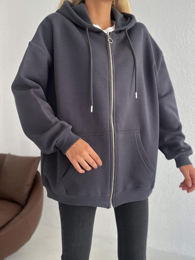 Kapüşonlu Fermuarlı 3 İplik Sweatshirt ANTRASİT