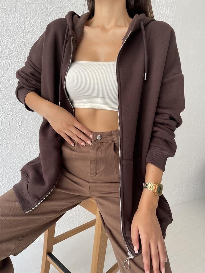 Kapüşonlu Fermuarlı 3 İplik Sweatshirt KAHVE