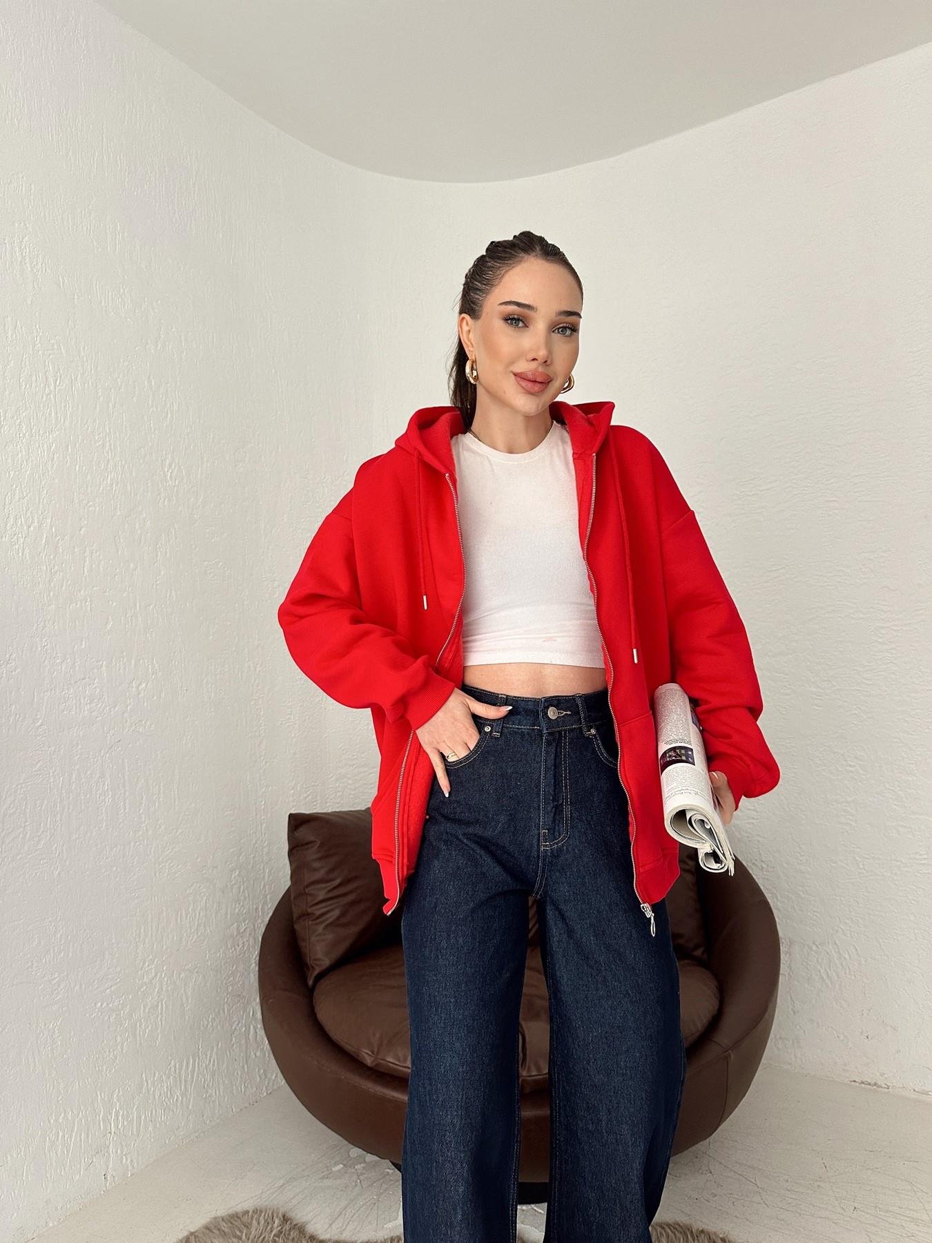 Kapüşonlu Fermuarlı 3 İplik Sweatshirt KIRMIZI