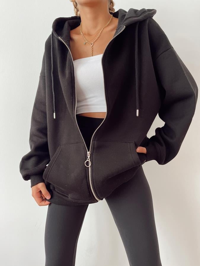 Kapüşonlu Fermuarlı 3 İplik Sweatshirt SİYAH