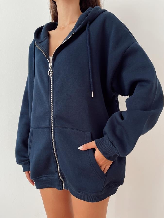 Kapüşonlu Fermuarlı 3 İplik Sweatshirt LACİVERT