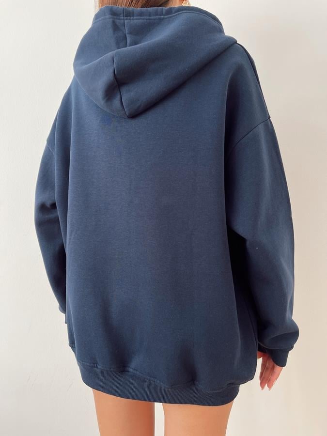 Kapüşonlu Fermuarlı 3 İplik Sweatshirt LACİVERT