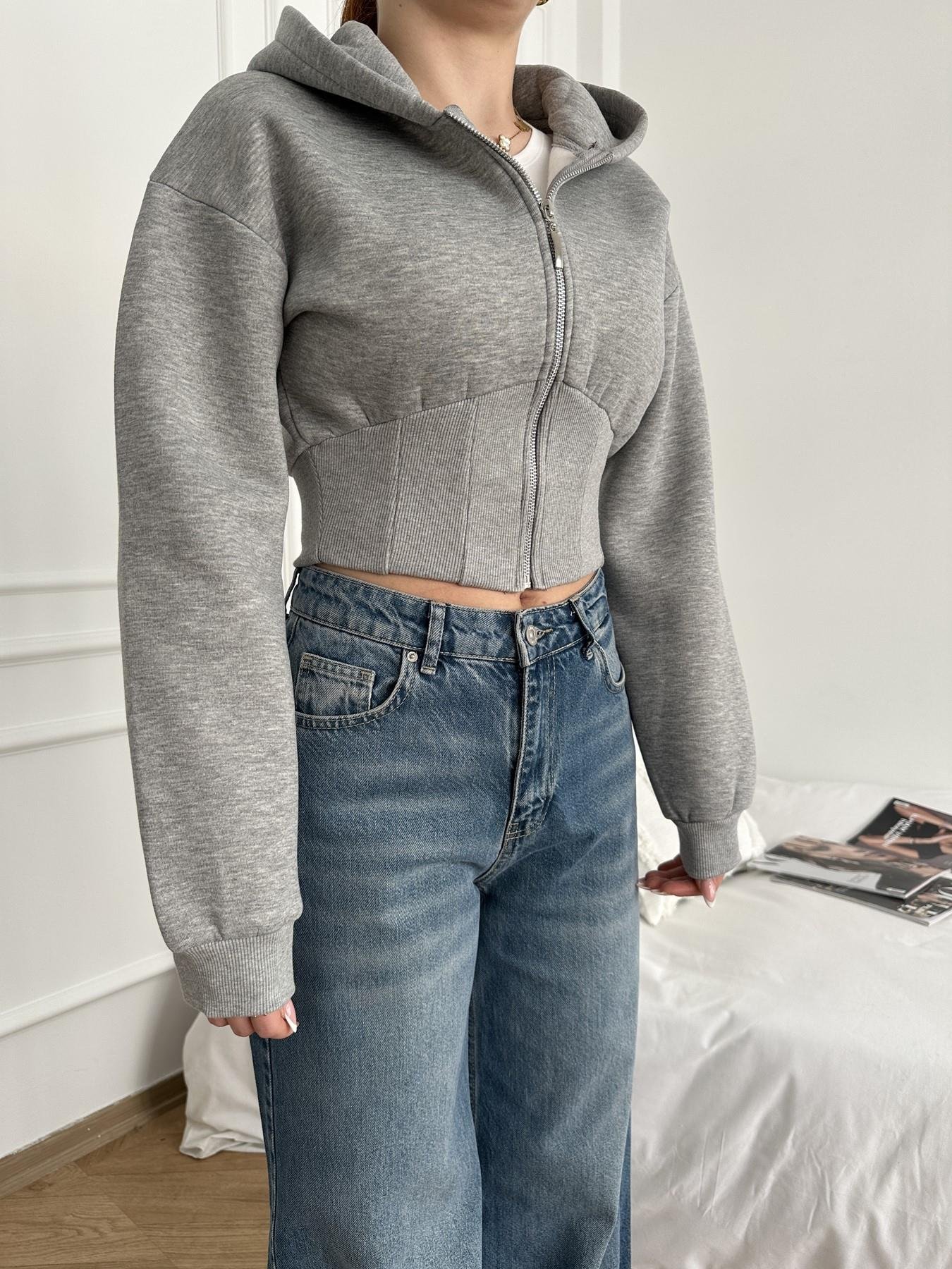 Kapüşonlu Fermuarlı Crop Sweatshirt Gri