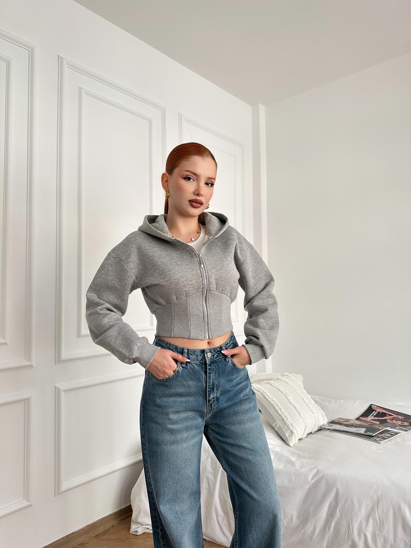 Kapüşonlu Fermuarlı Crop Sweatshirt Gri