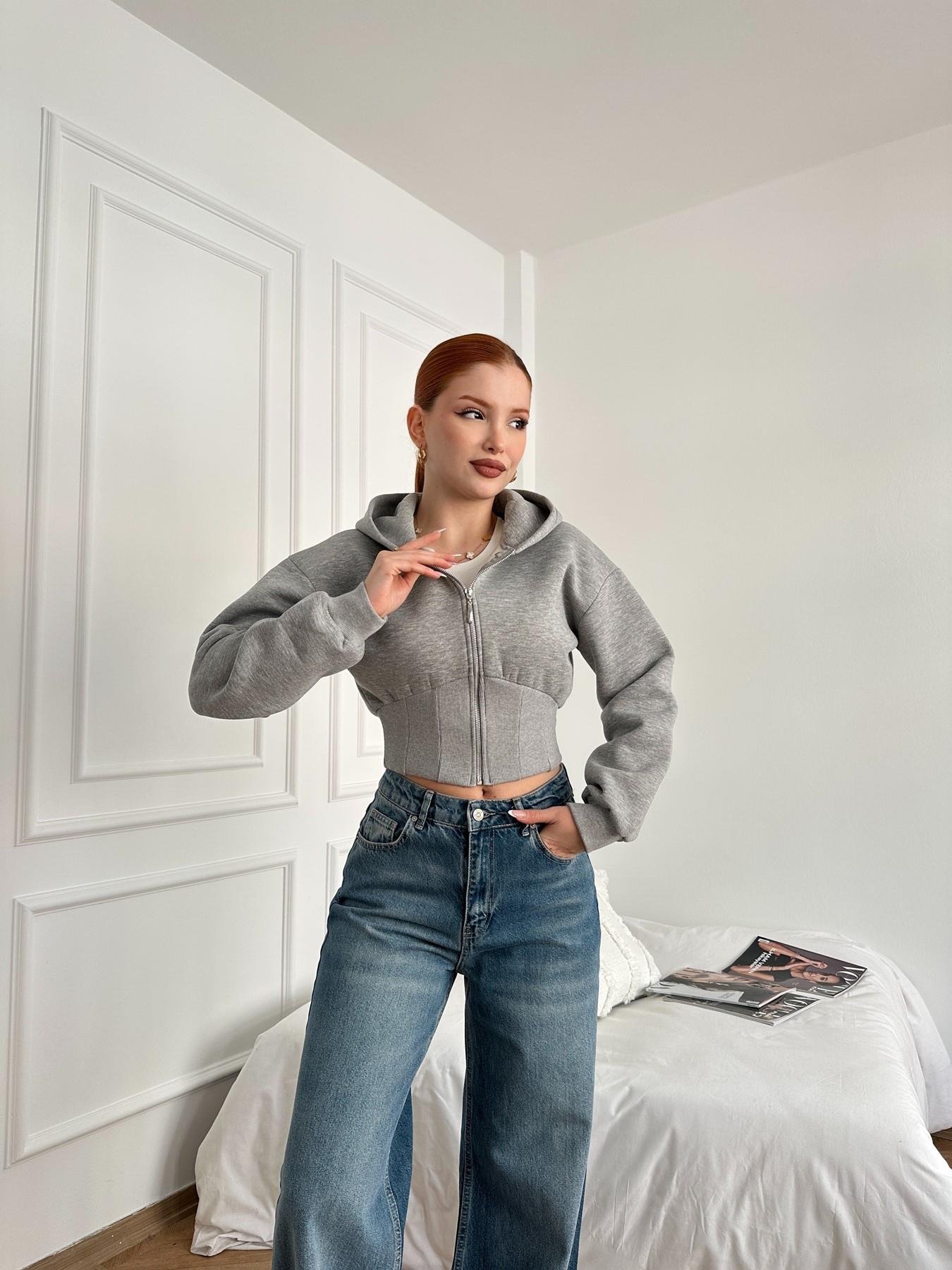 Kapüşonlu Fermuarlı Crop Sweatshirt Gri