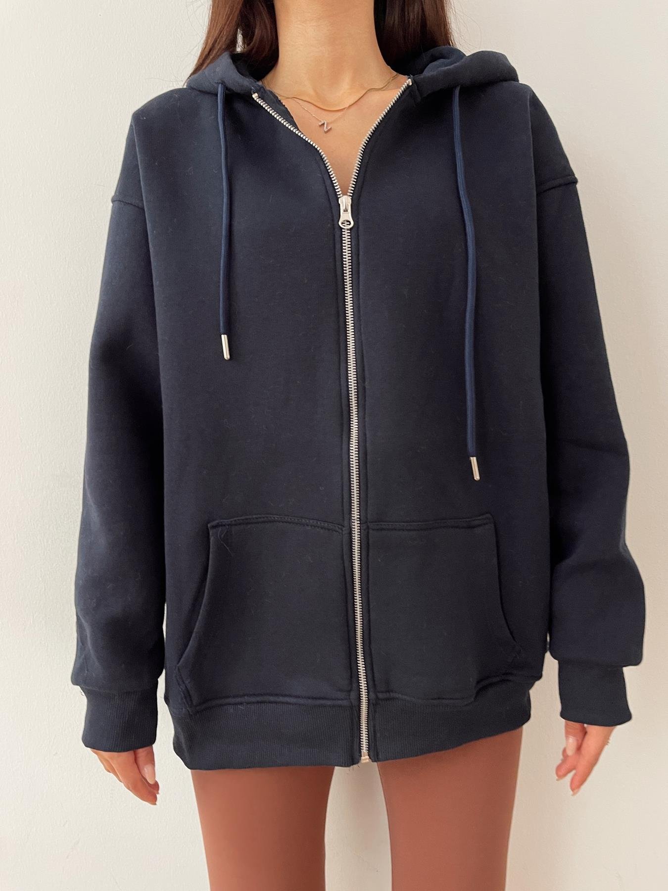 Kapüşonlu Fermuarlı Oversize Sweatshirt LACİVERT