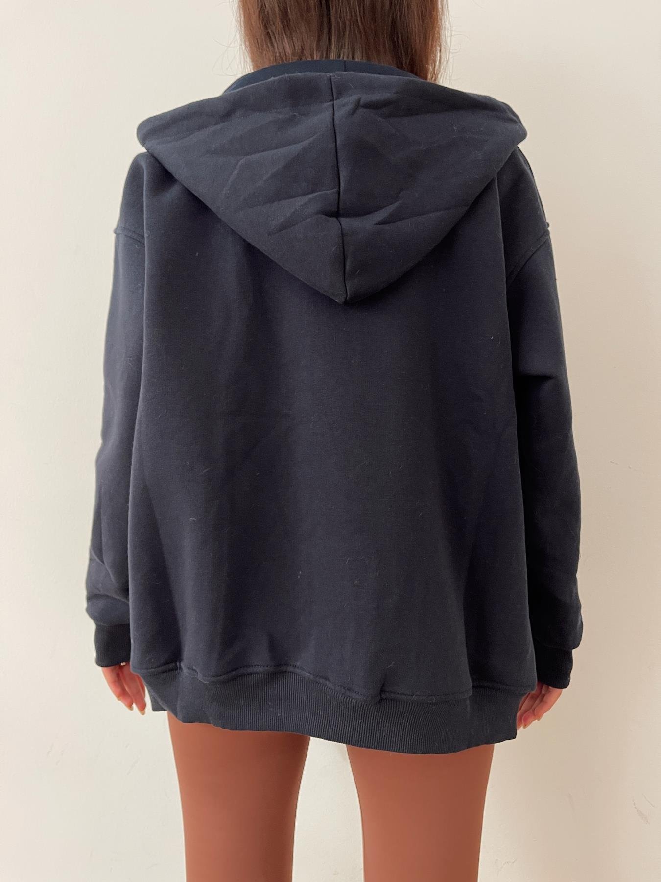 Kapüşonlu Fermuarlı Oversize Sweatshirt LACİVERT