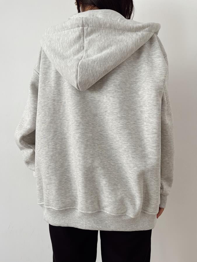 Kapüşonlu Fermuarlı Oversize Sweatshirt GRİ