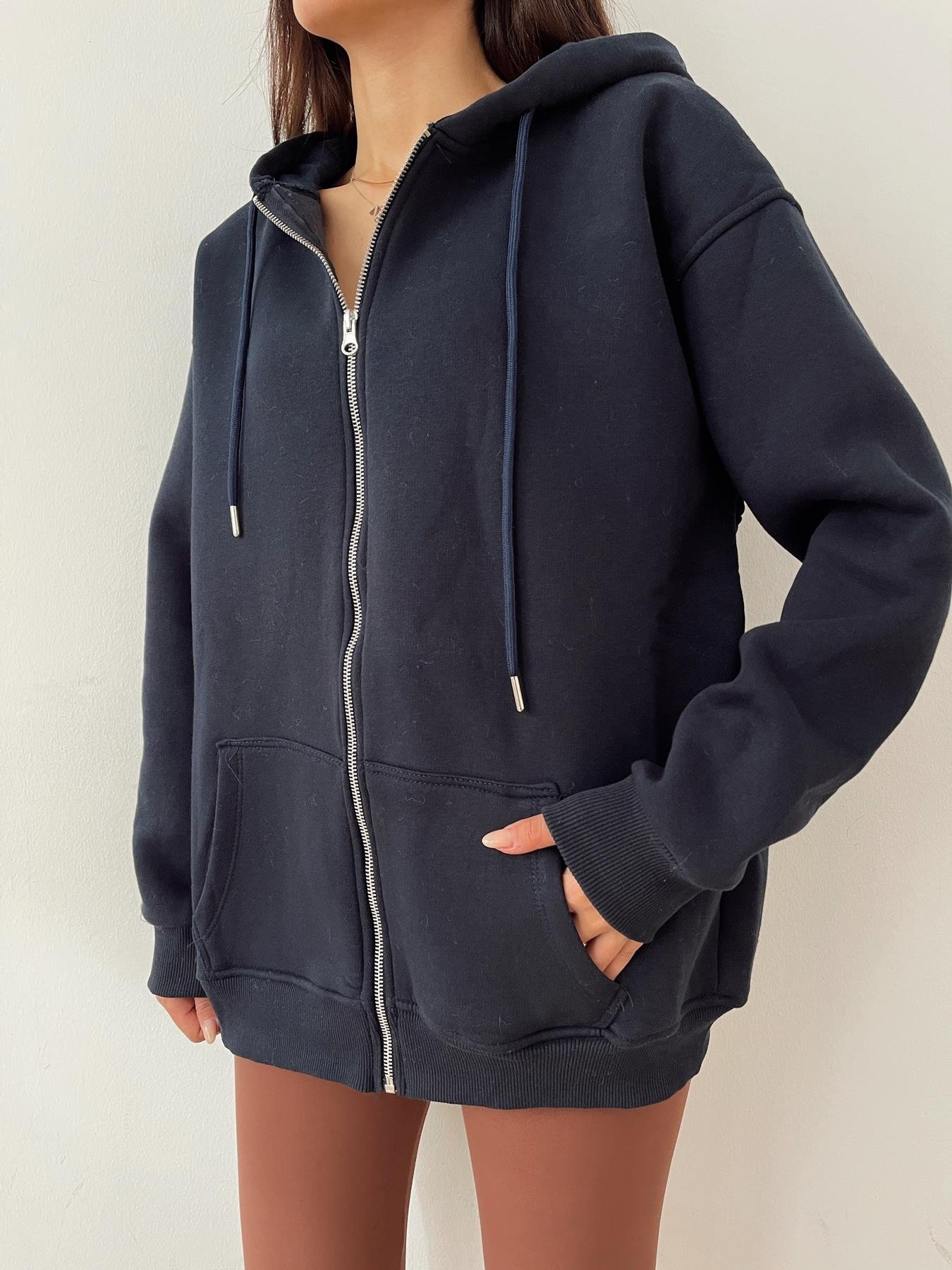 Kapüşonlu Fermuarlı Oversize Sweatshirt LACİVERT