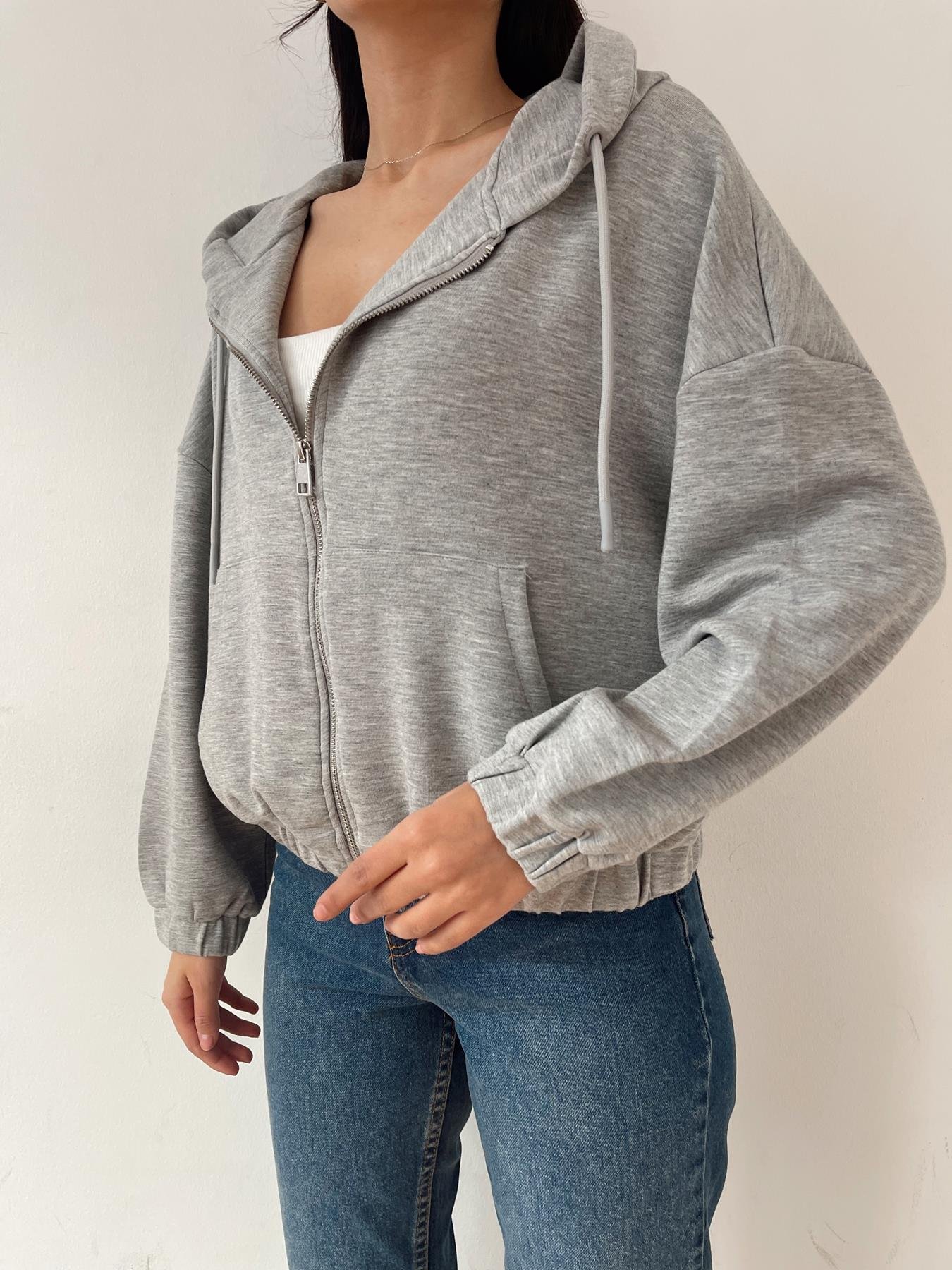 Kapüşonlu Fermuarlı Sweatshirt GRİ MELANJ
