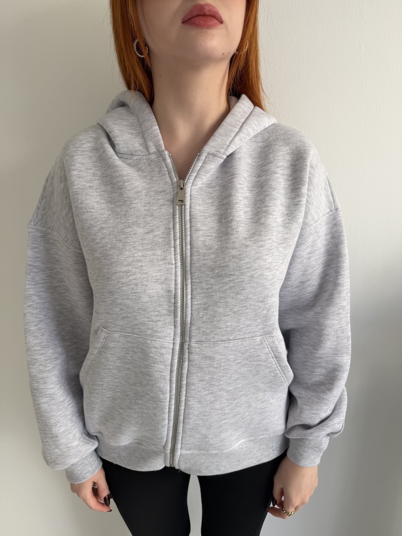 Kapüşonlu Fermuarlı Sweatshirt Gri melanj