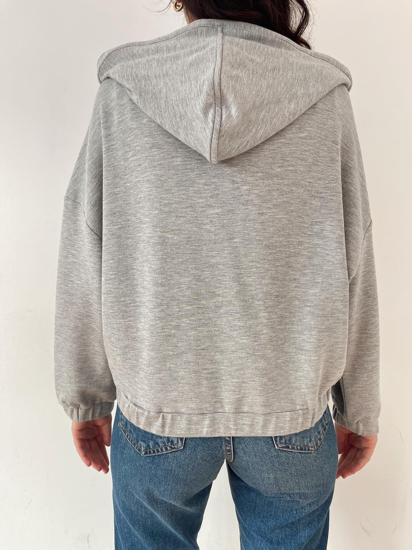 Kapüşonlu Fermuarlı Sweatshirt GRİ MELANJ