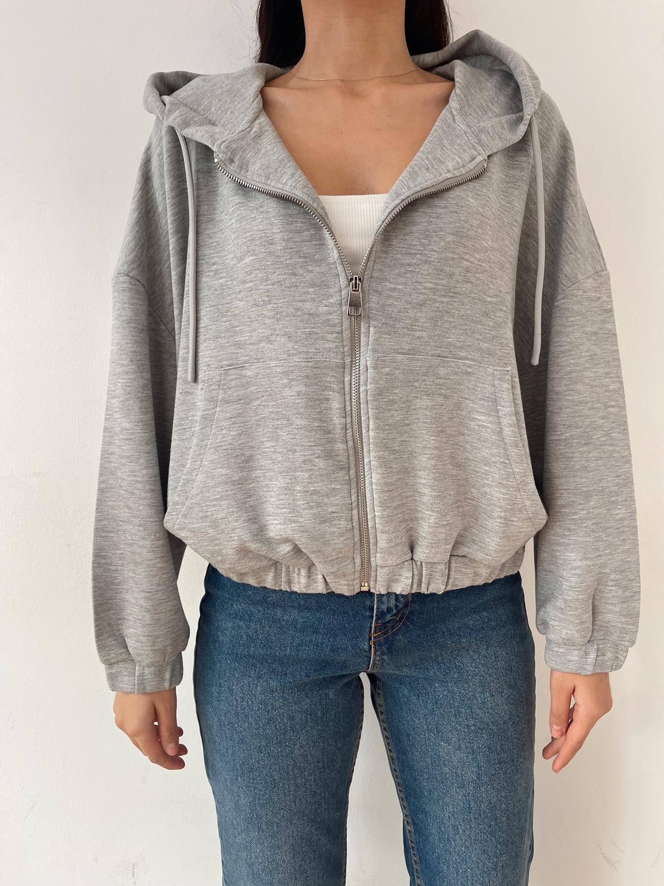 Kapüşonlu Fermuarlı Sweatshirt GRİ MELANJ