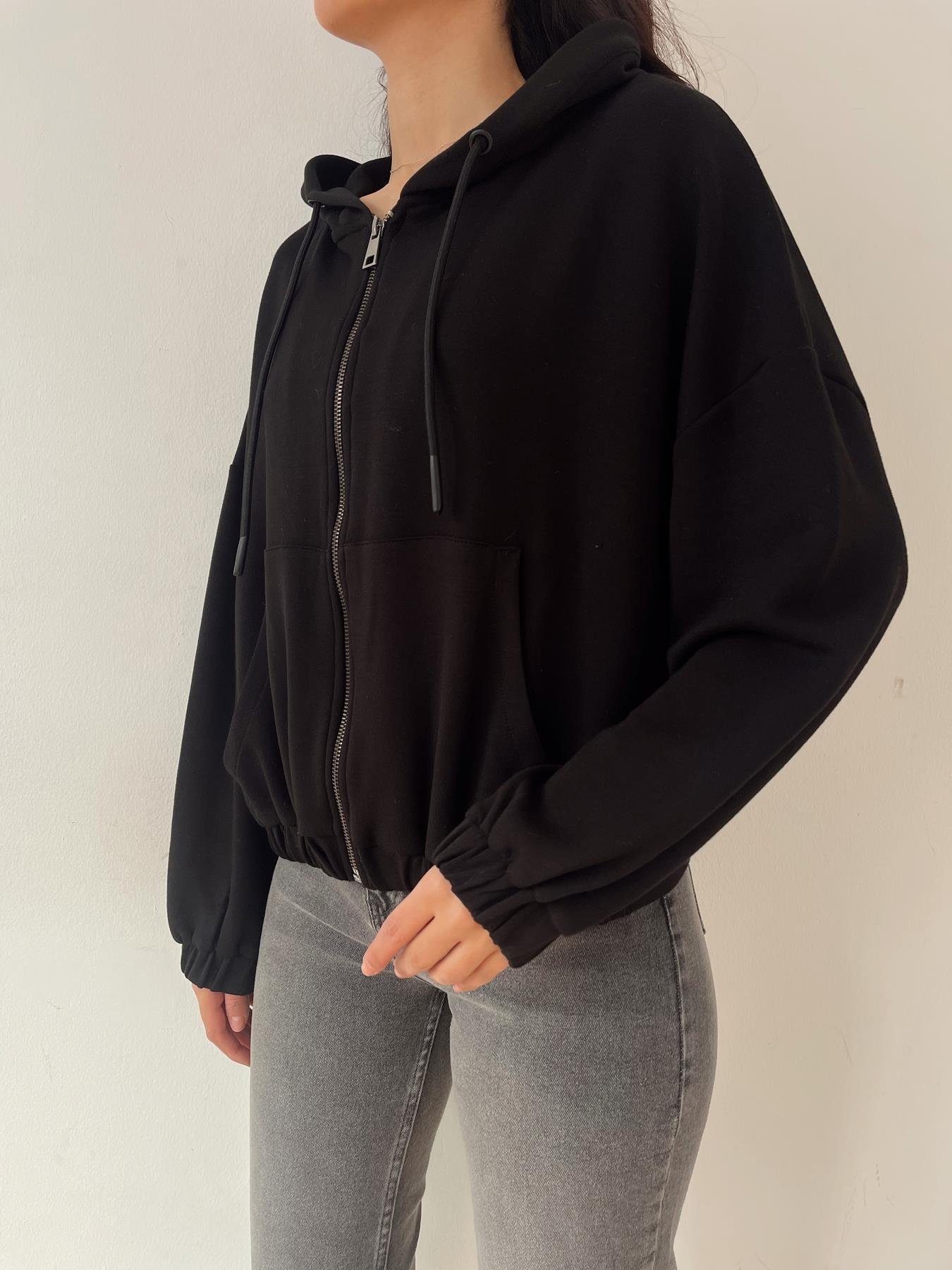Kapüşonlu Fermuarlı Sweatshirt SİYAH