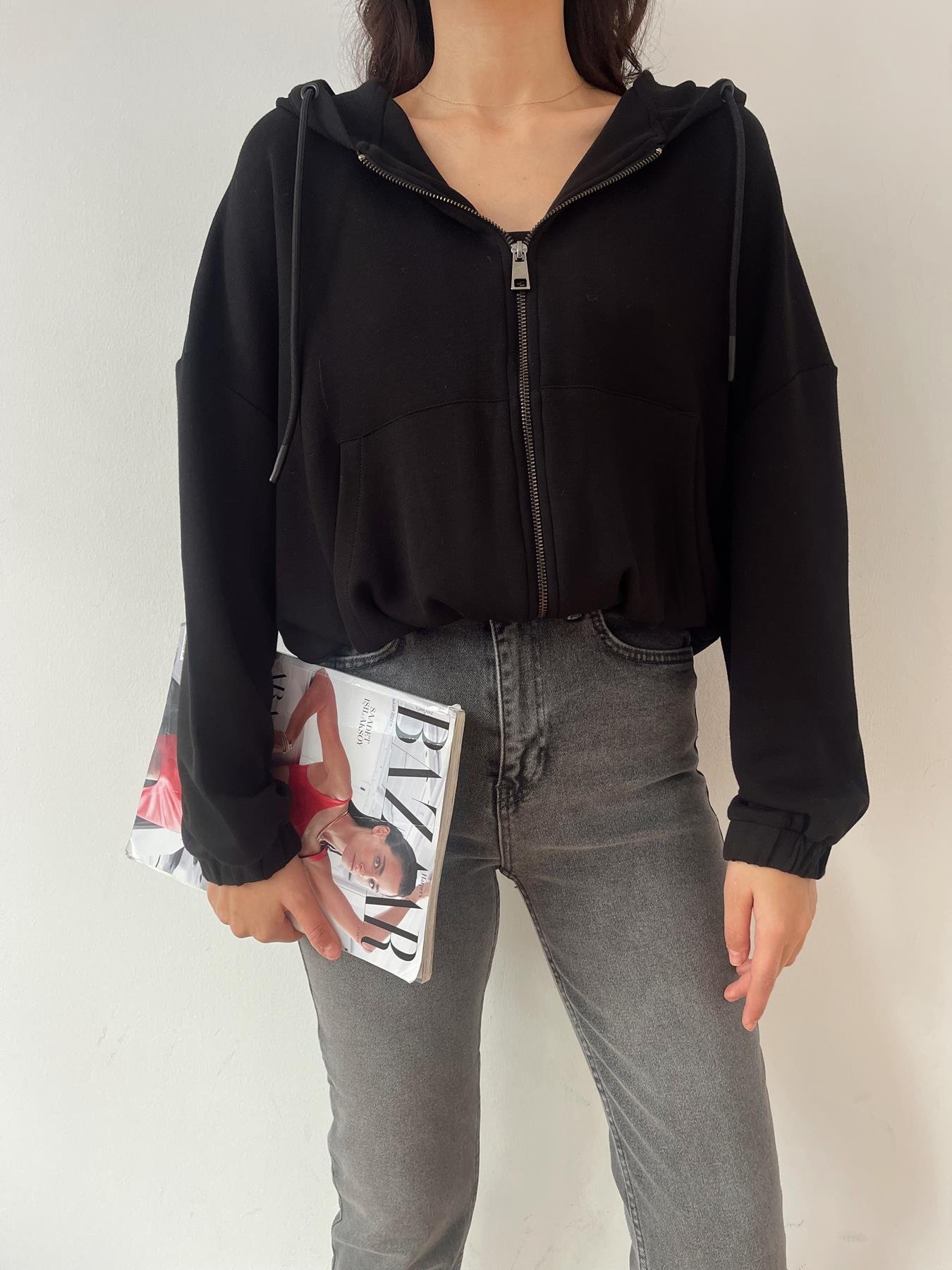 Kapüşonlu Fermuarlı Sweatshirt SİYAH