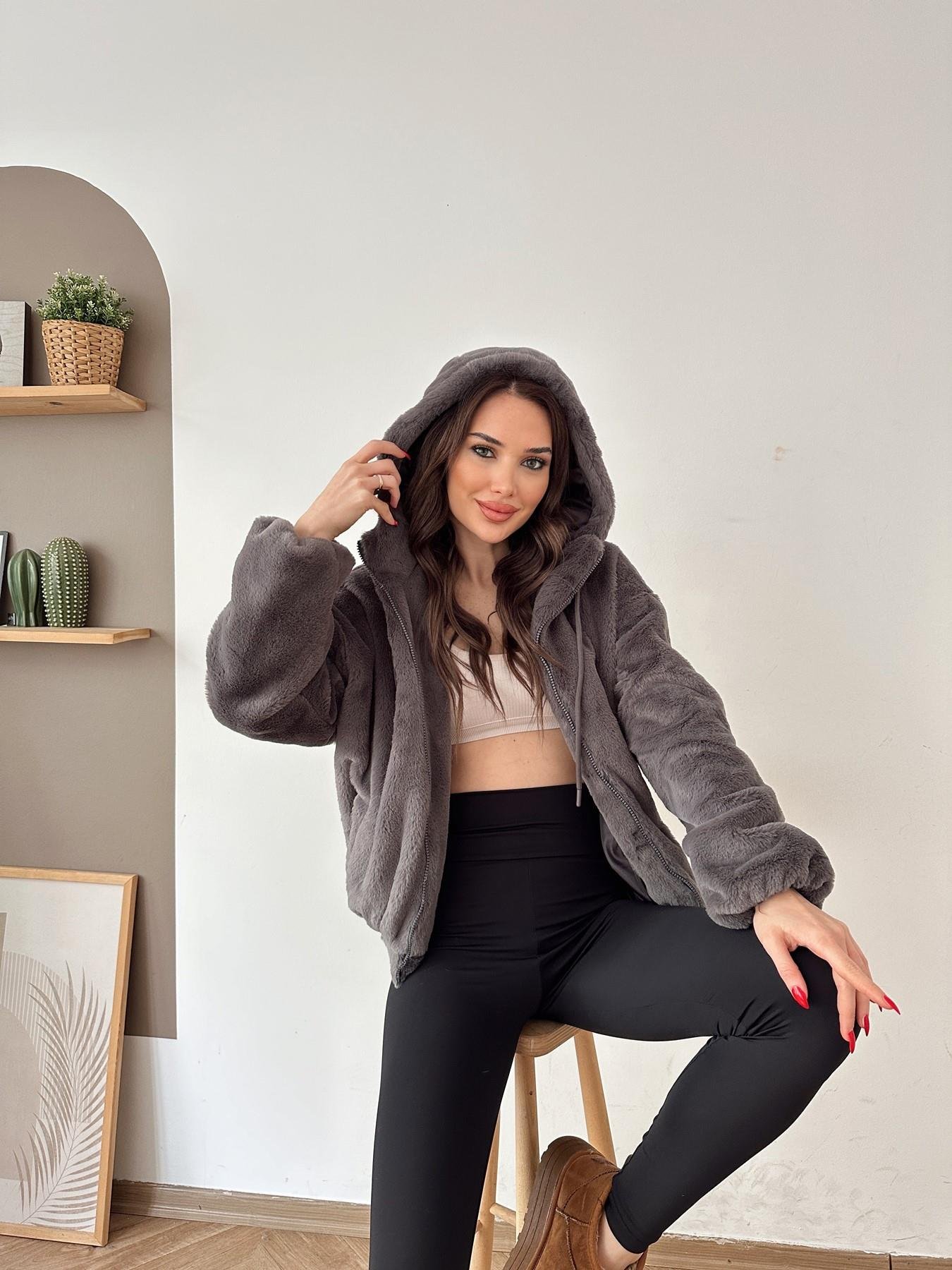 Kapüşonlu Kısa Peluş Mont ANTRASİT