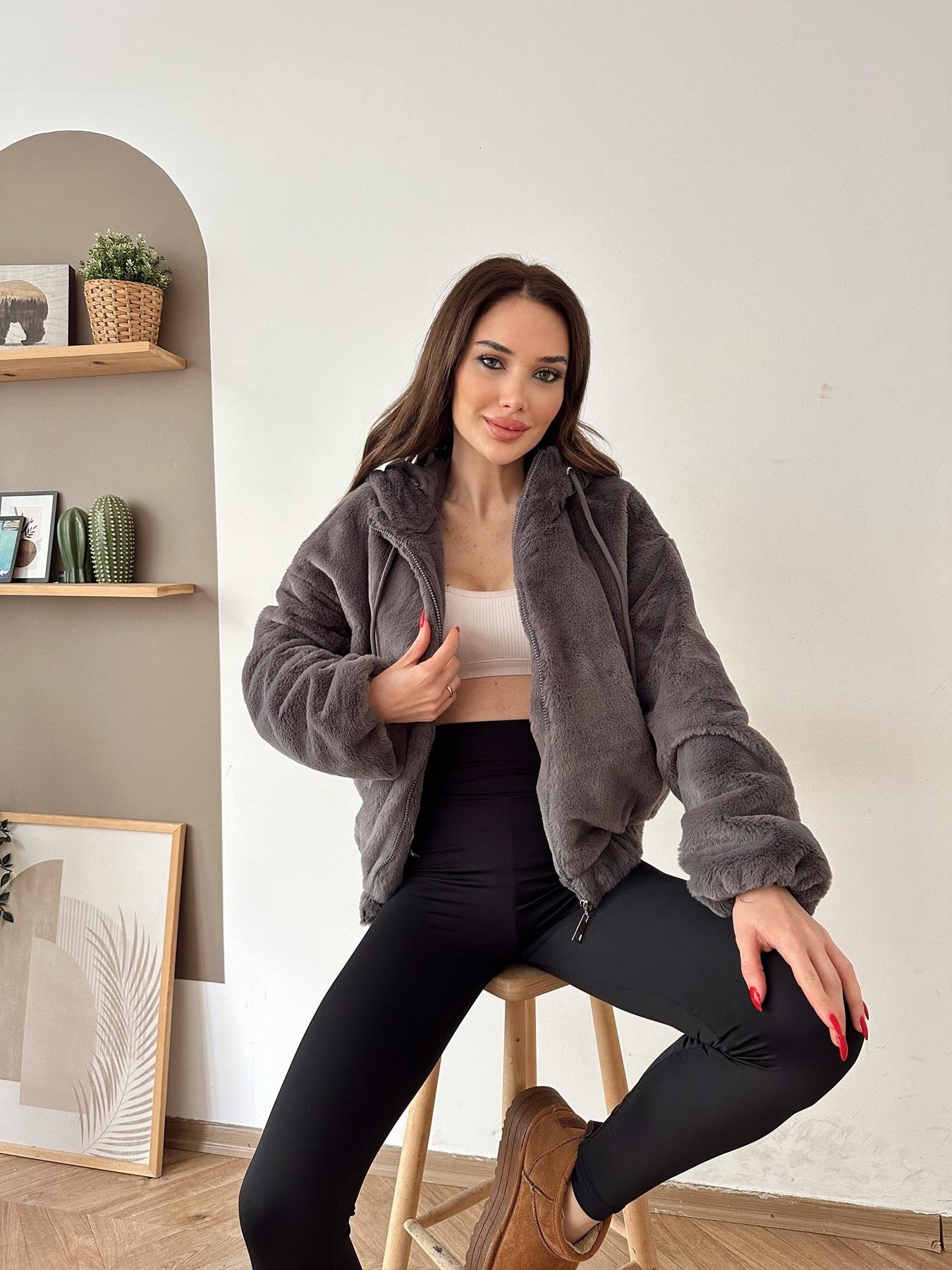 Kapüşonlu Kısa Peluş Mont ANTRASİT