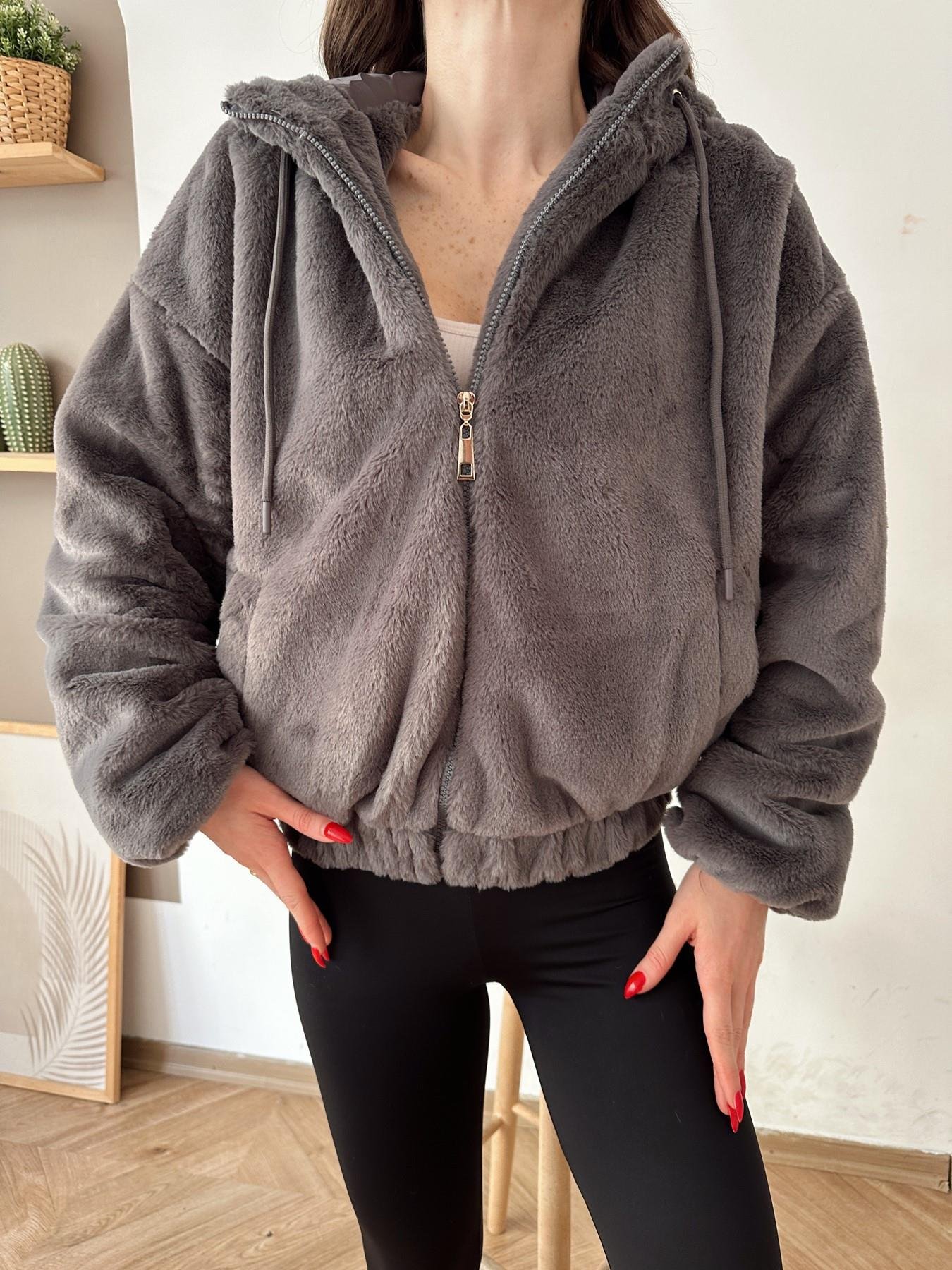 Kapüşonlu Kısa Peluş Mont ANTRASİT