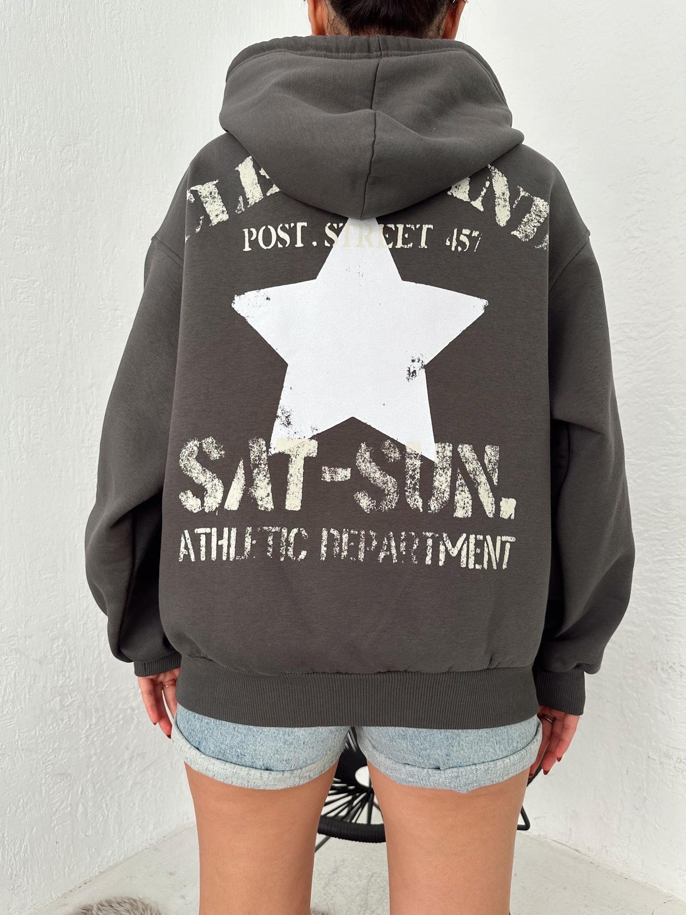 Kapüşonlu Yıldız Baskılı Sweatshirt ANTRASİT