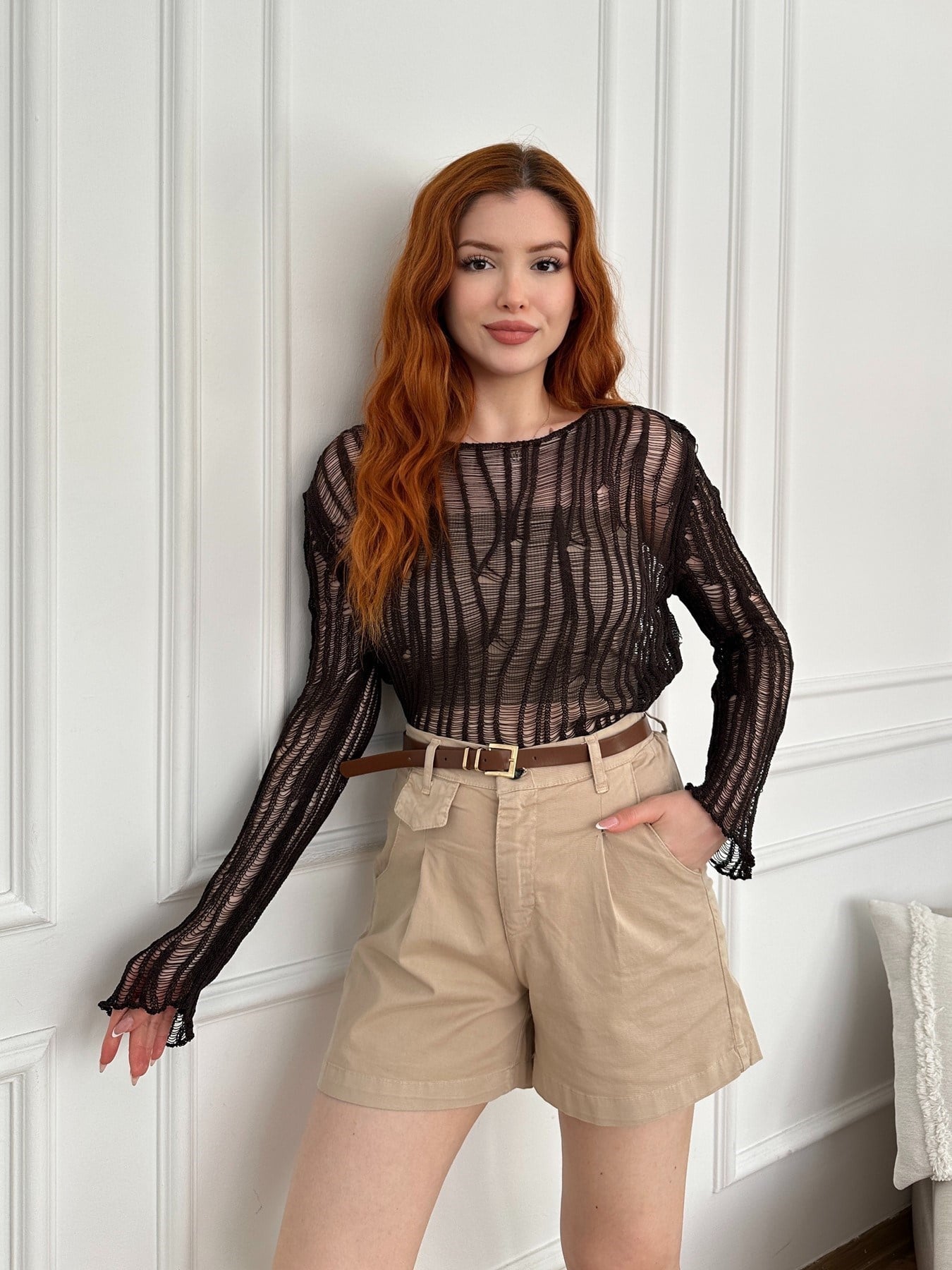 Kayık Yaka Ajurlu Triko Kahve