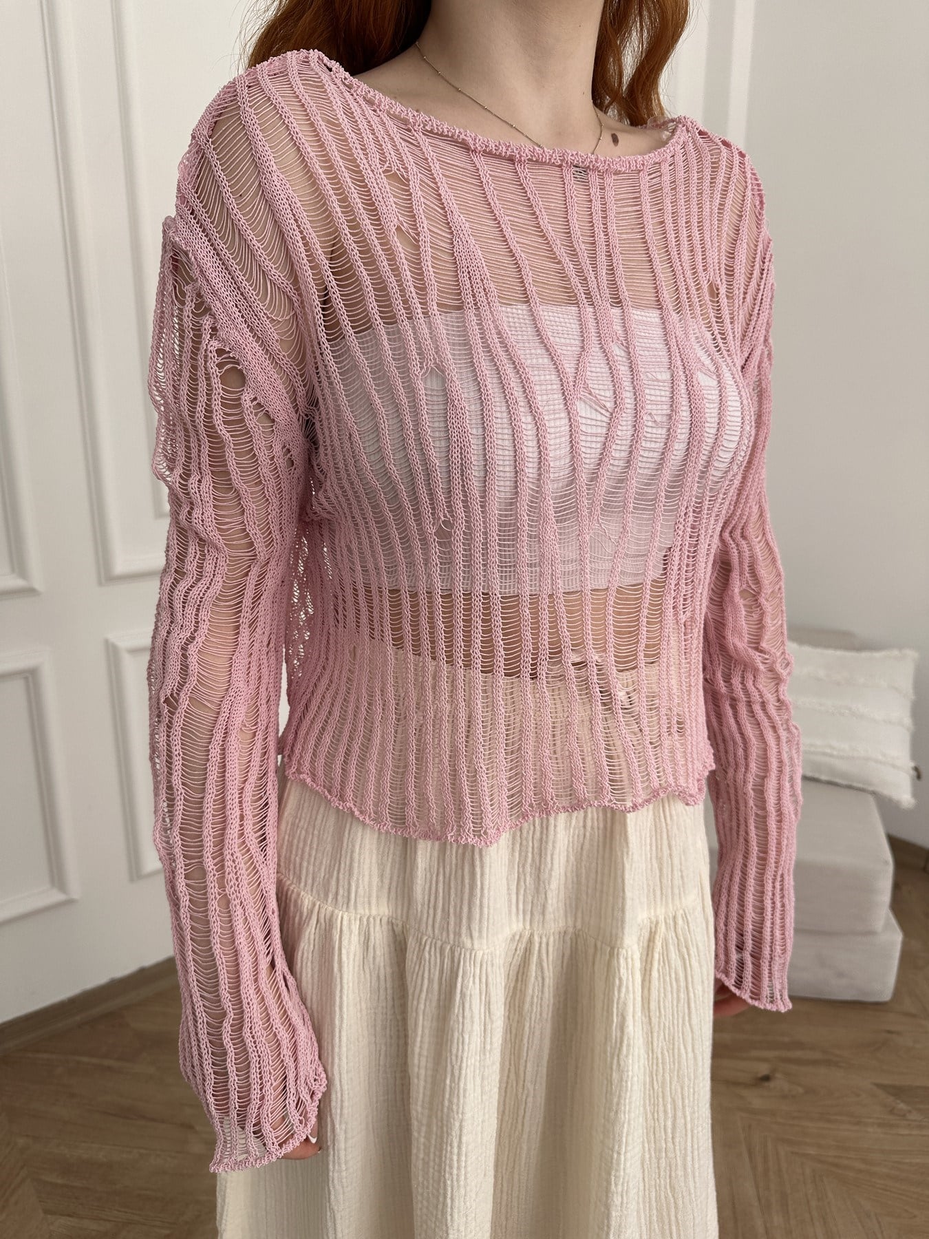 Kayık Yaka Ajurlu Triko Pembe