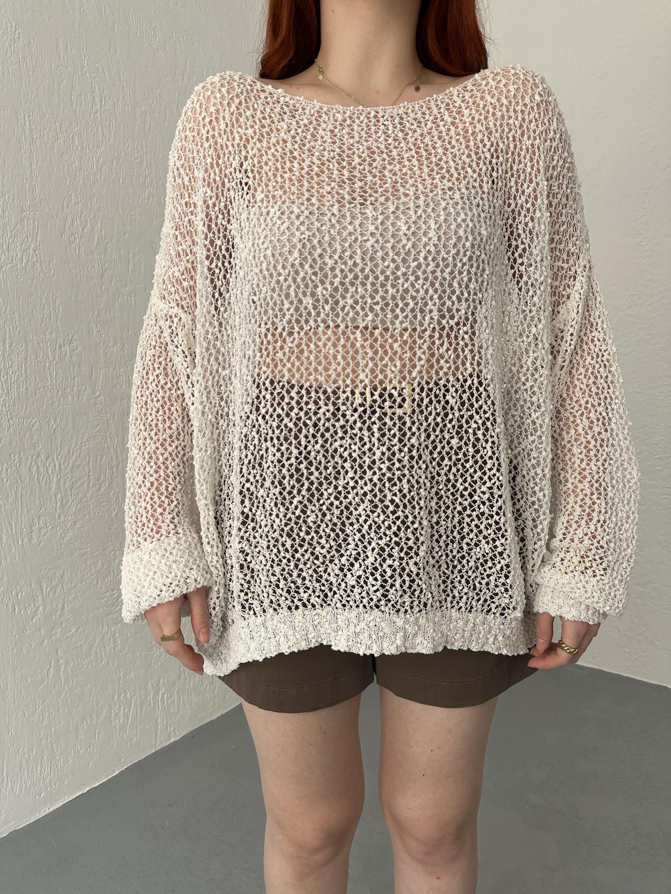 Kayık Yaka Buklet Örgü Triko Ekru