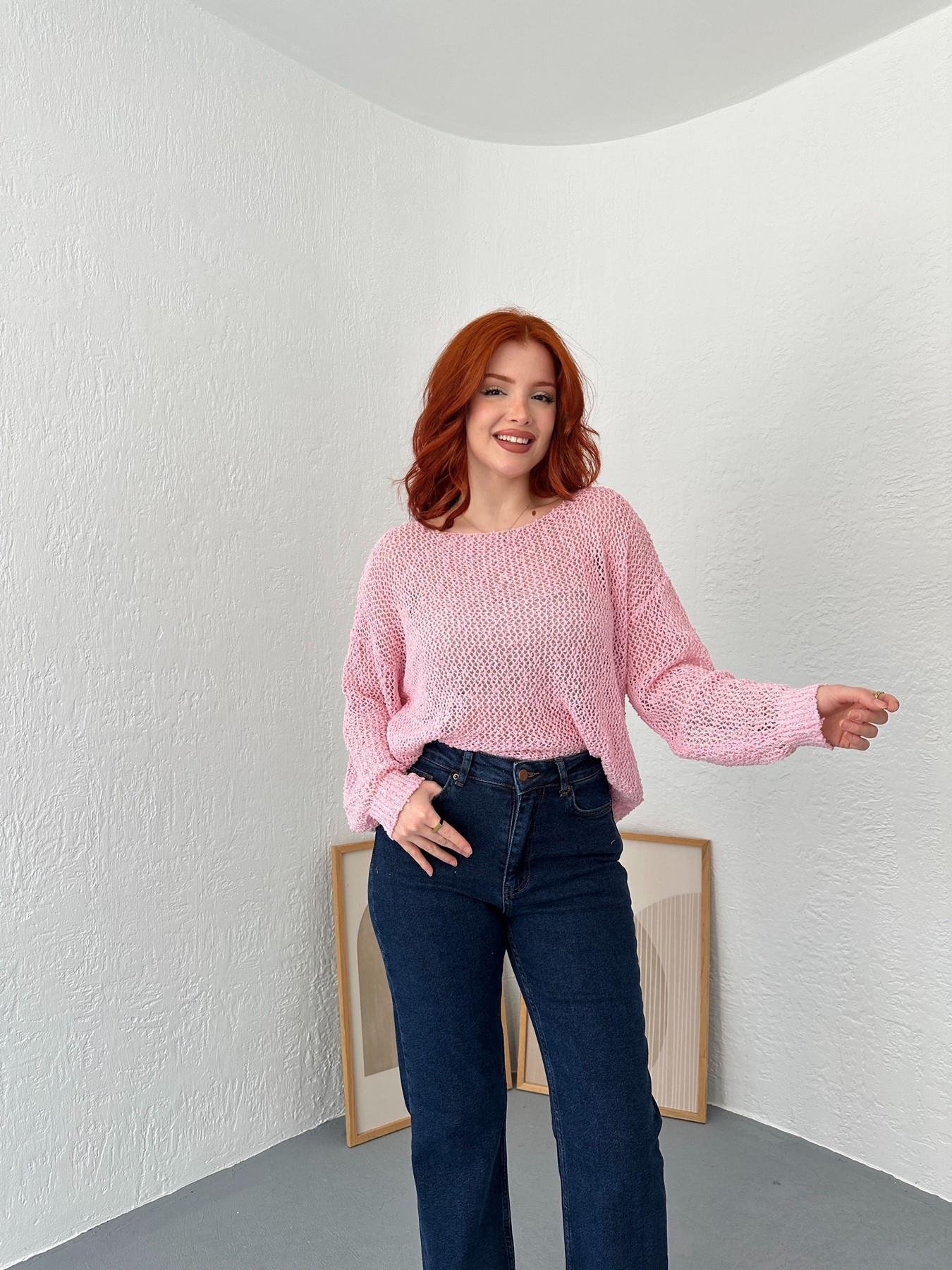 Kayık Yaka Buklet Örgü Triko Pembe