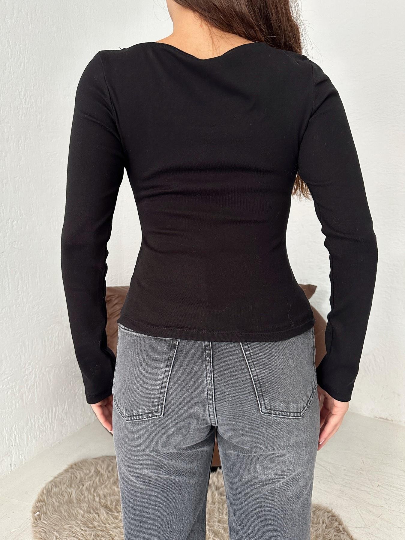 Kayık Yaka Büzgülü Bluz SİYAH