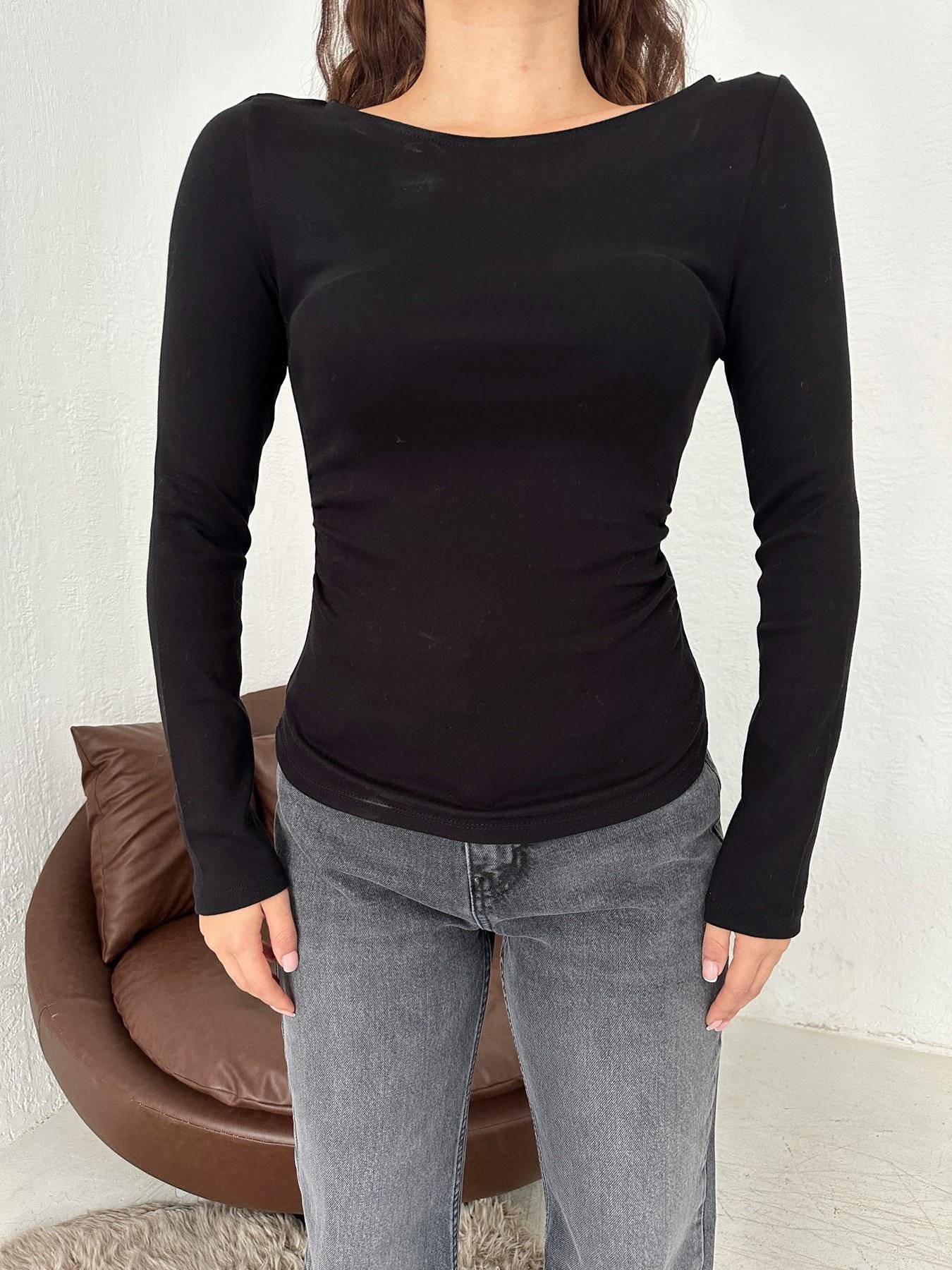 Kayık Yaka Büzgülü Bluz SİYAH