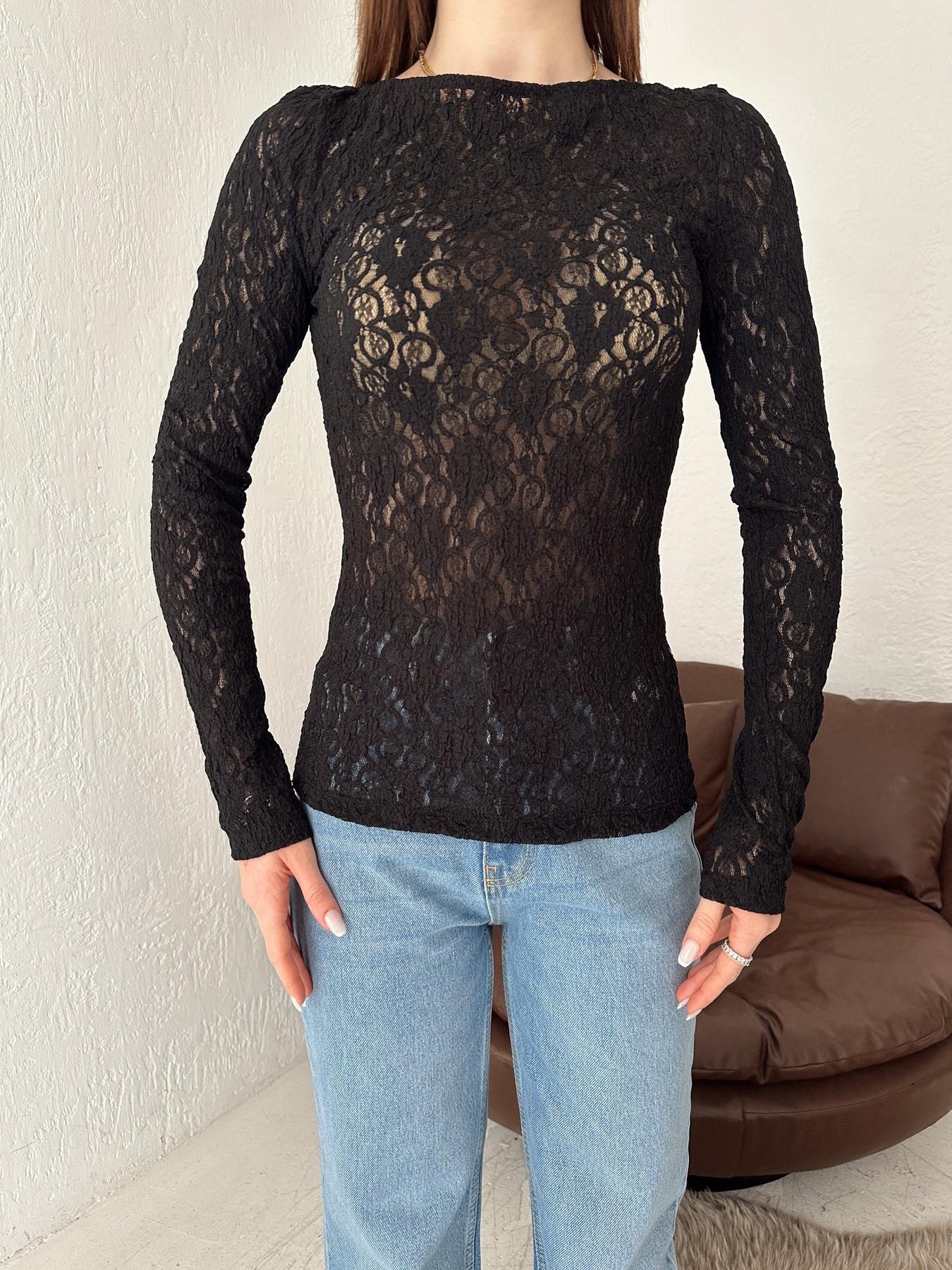 Kayık Yaka Dantel Bluz SİYAH