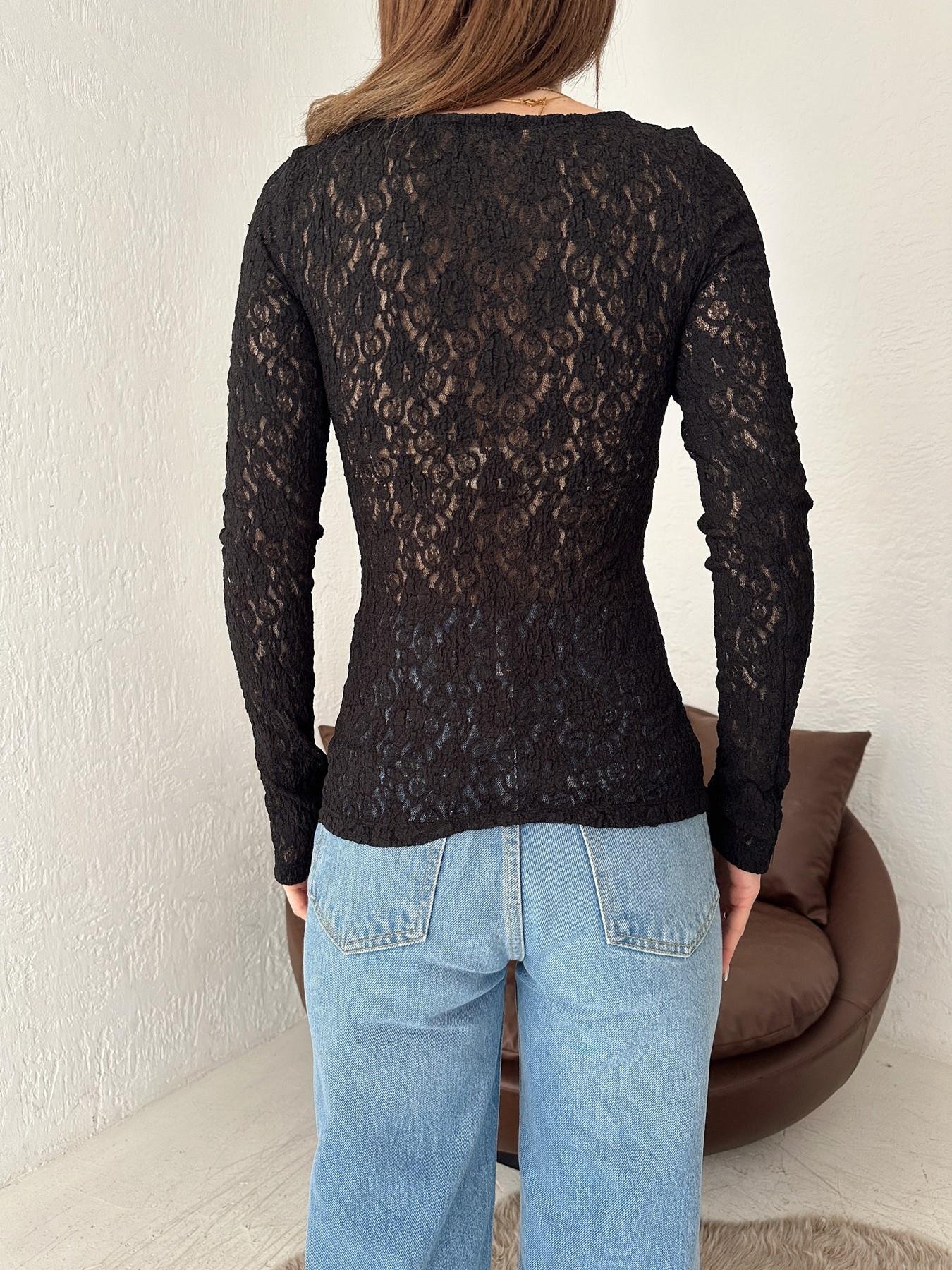 Kayık Yaka Dantel Bluz SİYAH