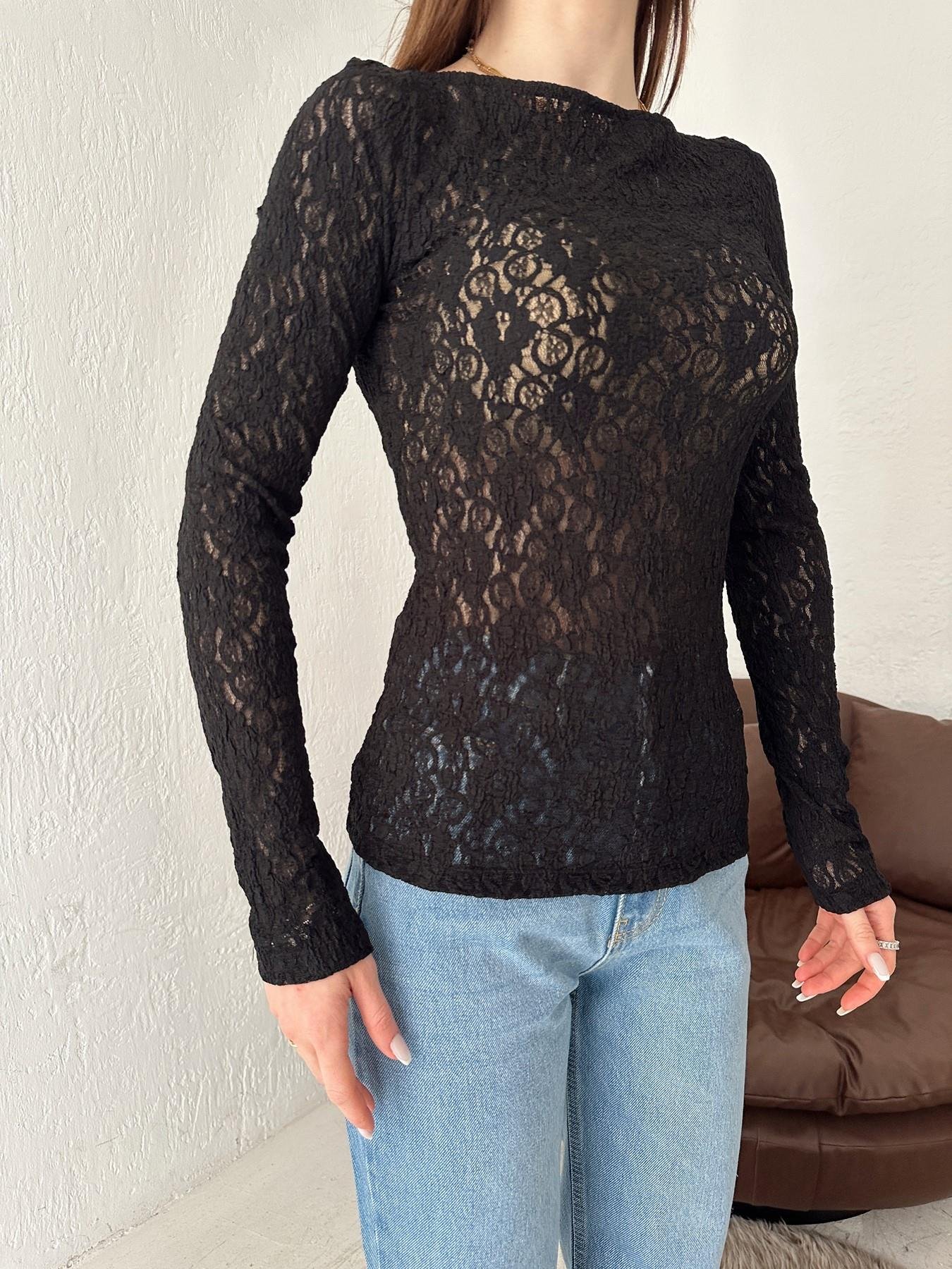 Kayık Yaka Dantel Bluz SİYAH