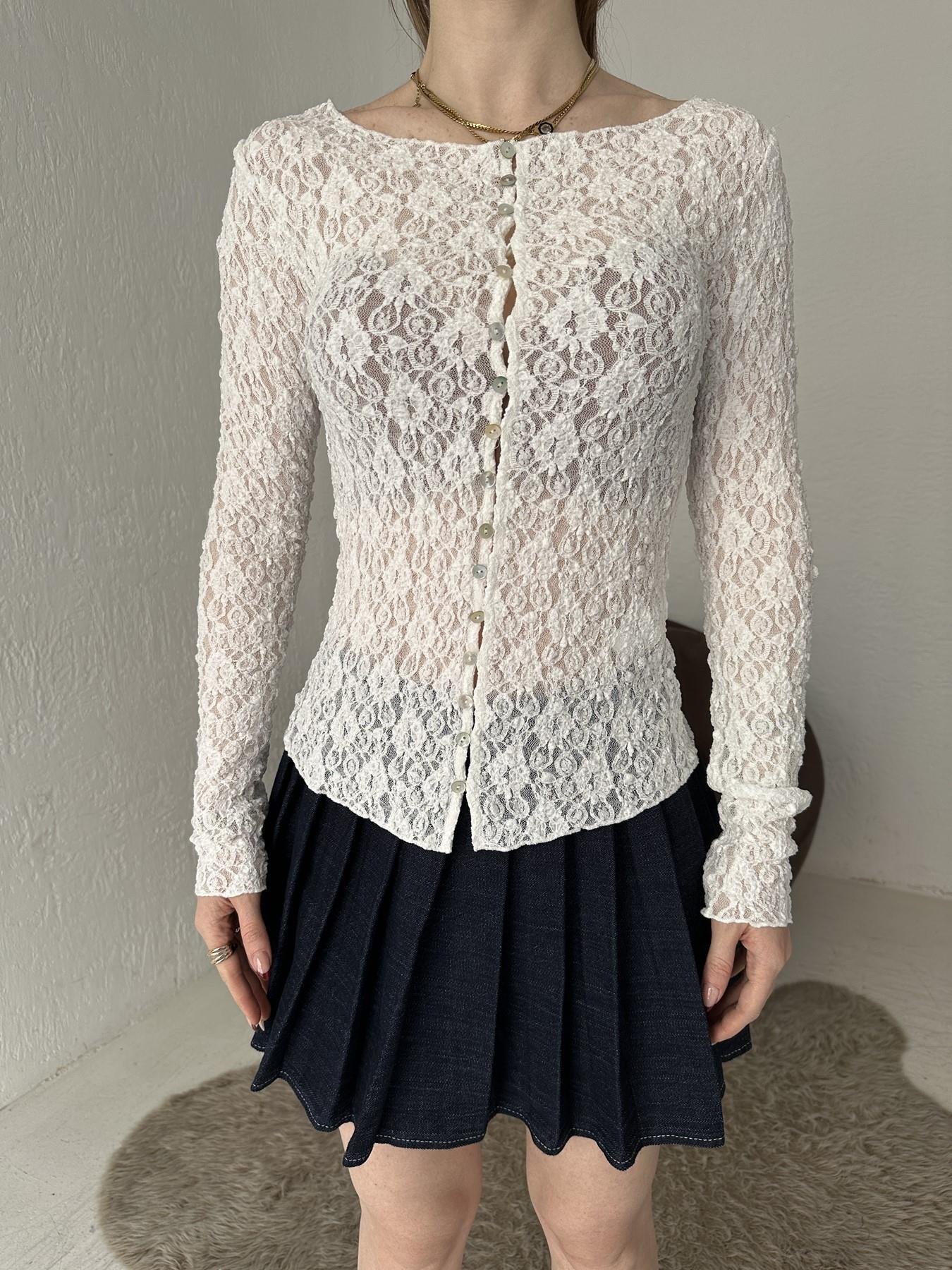 Kayık Yaka Düğmeli Dantel Hırka Ekru