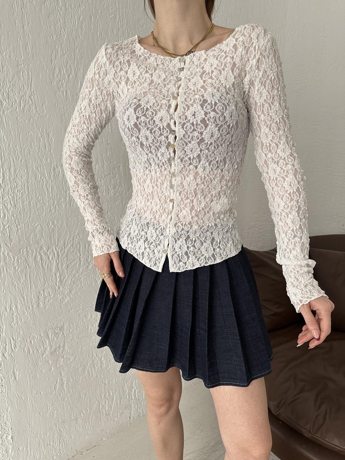 Kayık Yaka Düğmeli Dantel Hırka Ekru