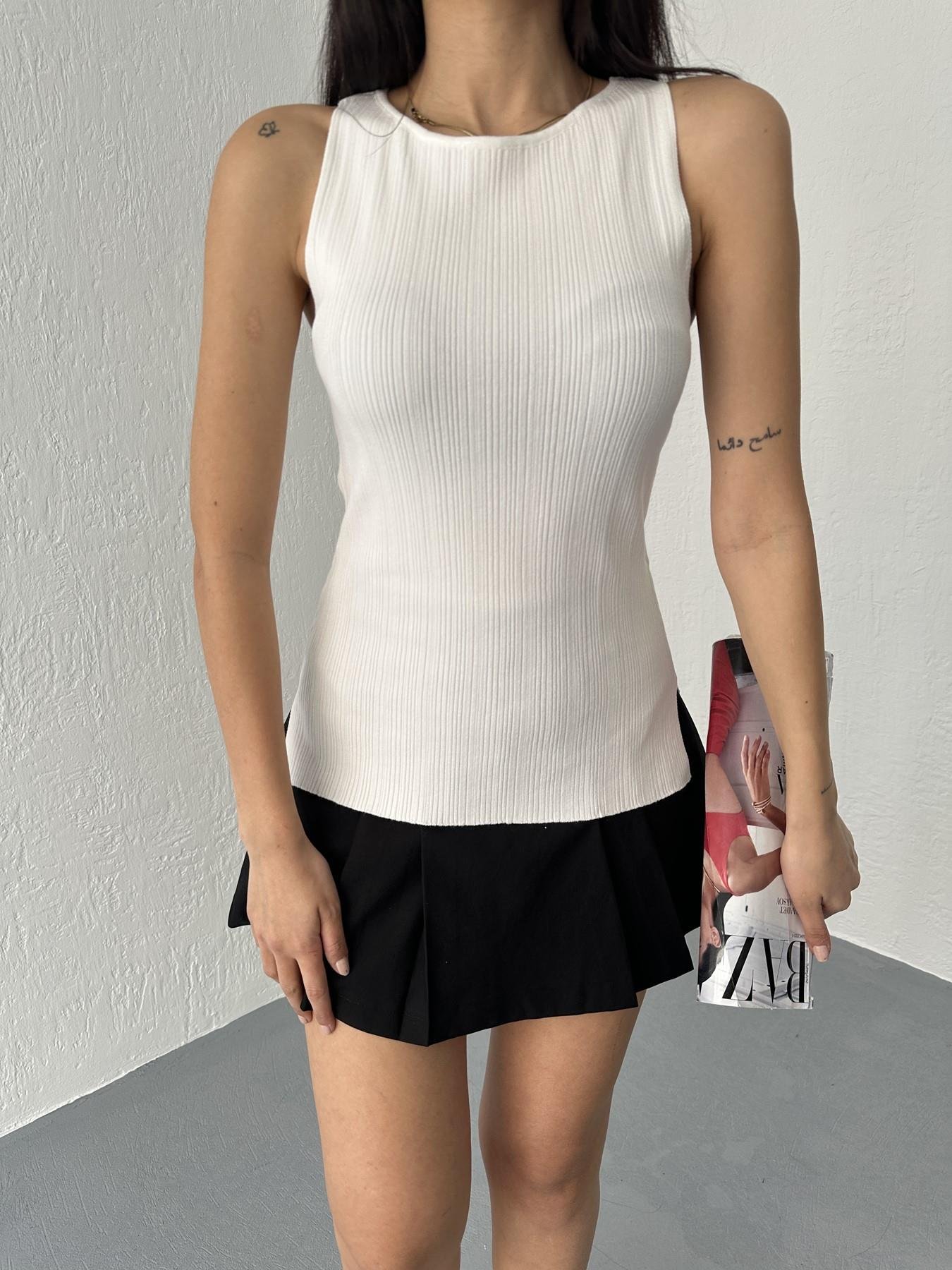 Kayık Yaka Fitilli Triko Bluz Ekru